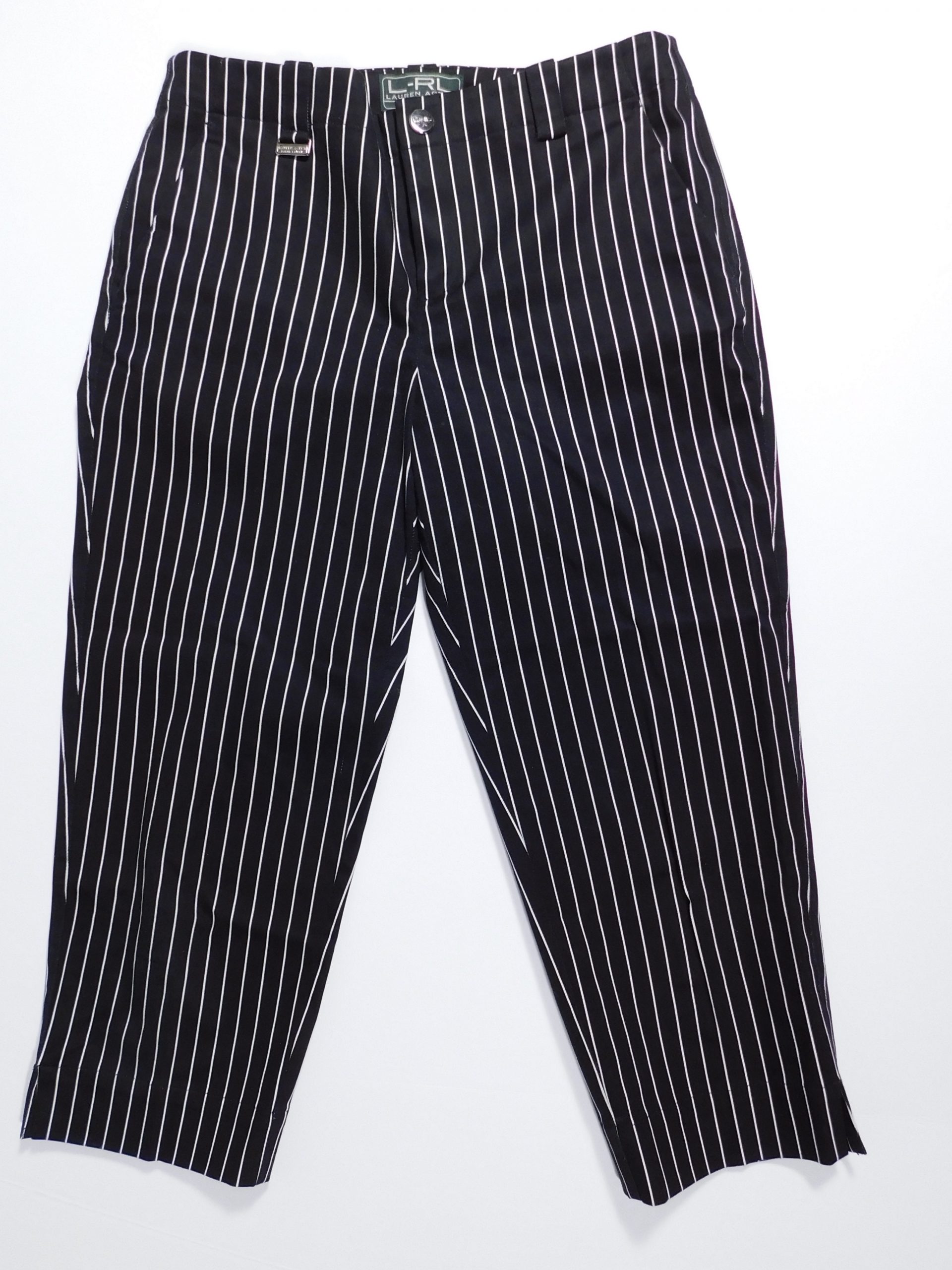 L-RL LAUREN ACTIVE RALPH LAUREN Women's Black White Striped Cotton Stretch Cropped Pant Sz 2 - Image 3