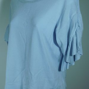 CLUB MONACO Women's Light Blue Ruffled Short Sleeve Scoop Neck Sweater Sz S/P