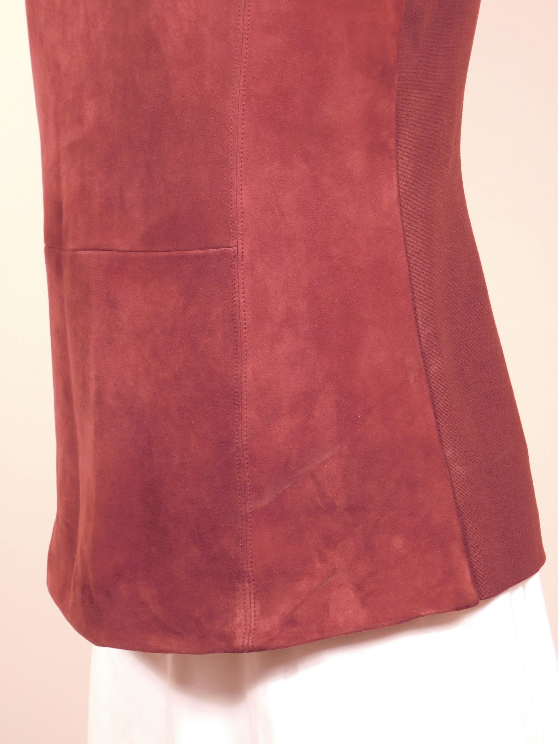 THEORY Women's Chili Red Suede Leather & Ponte Sleeveless Mock Neck Tunic Blouse Sz M ($295) - Image 4