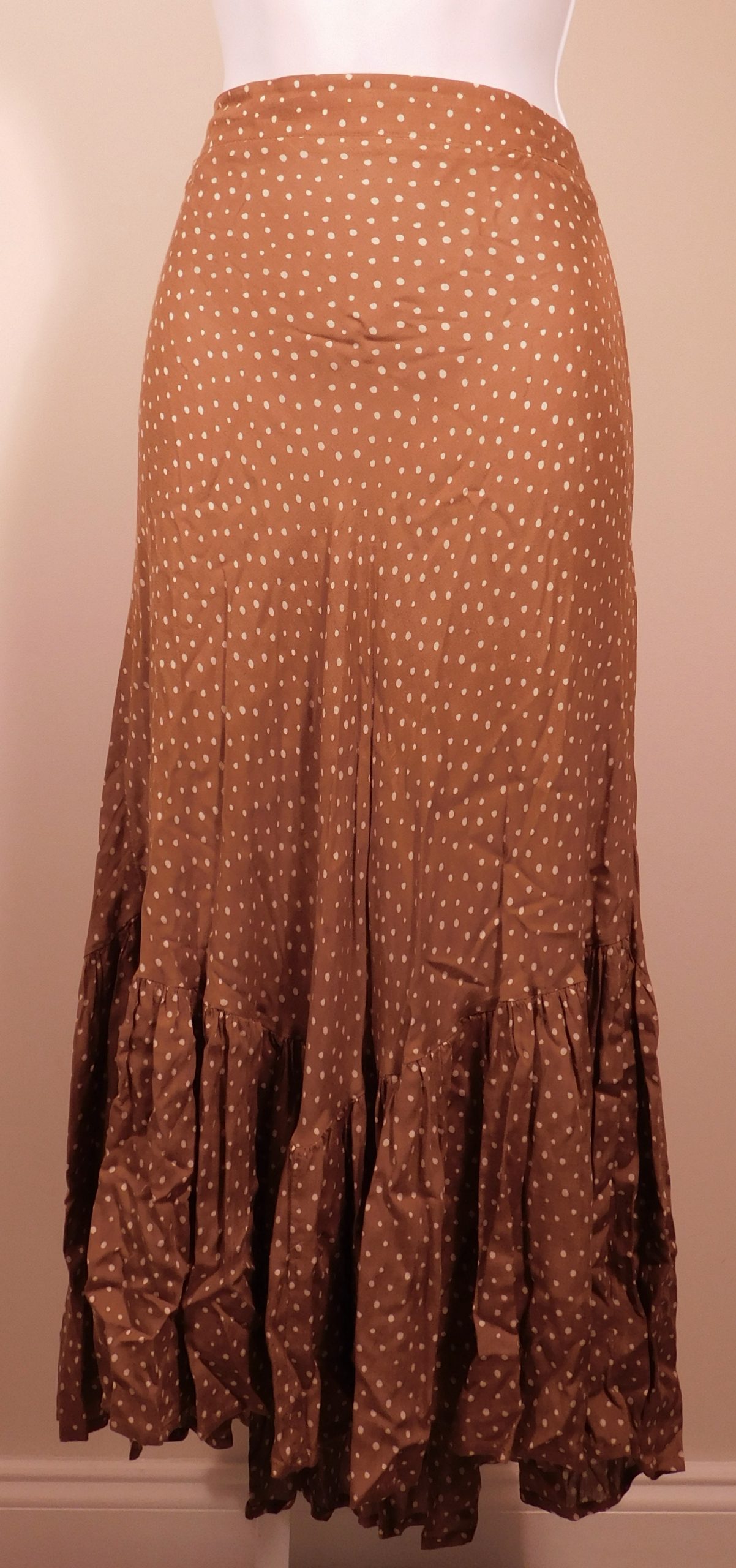 COOLCHANGES Women's Earth/Vanilla Polka Dot Elastic Waist Back A-Line Ruffle Trim Skirt Sz S ($228)