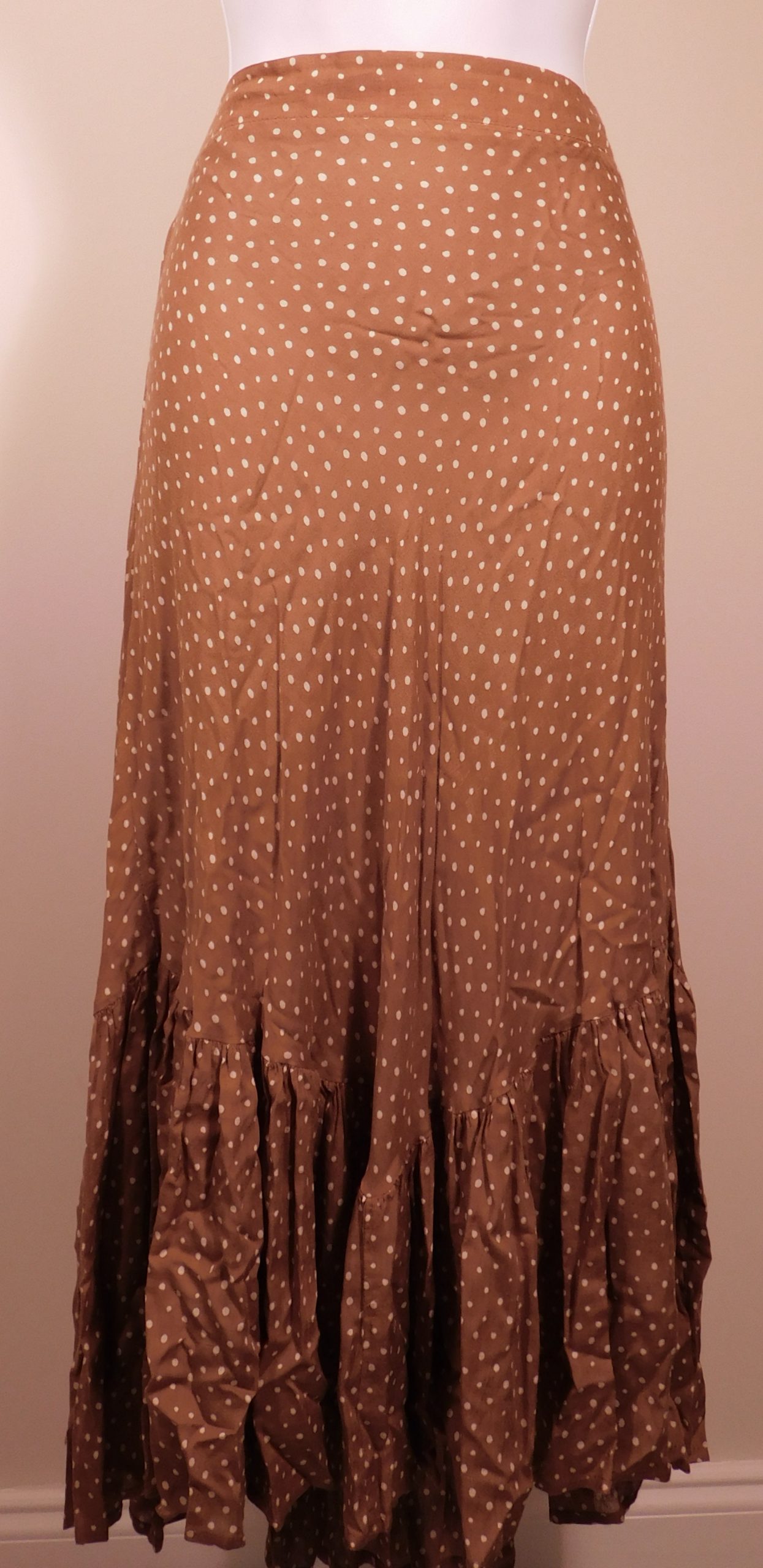 COOLCHANGES Women's Earth/Vanilla Polka Dot Elastic Waist Back A-Line Ruffle Trim Skirt Sz S ($228) - Image 3