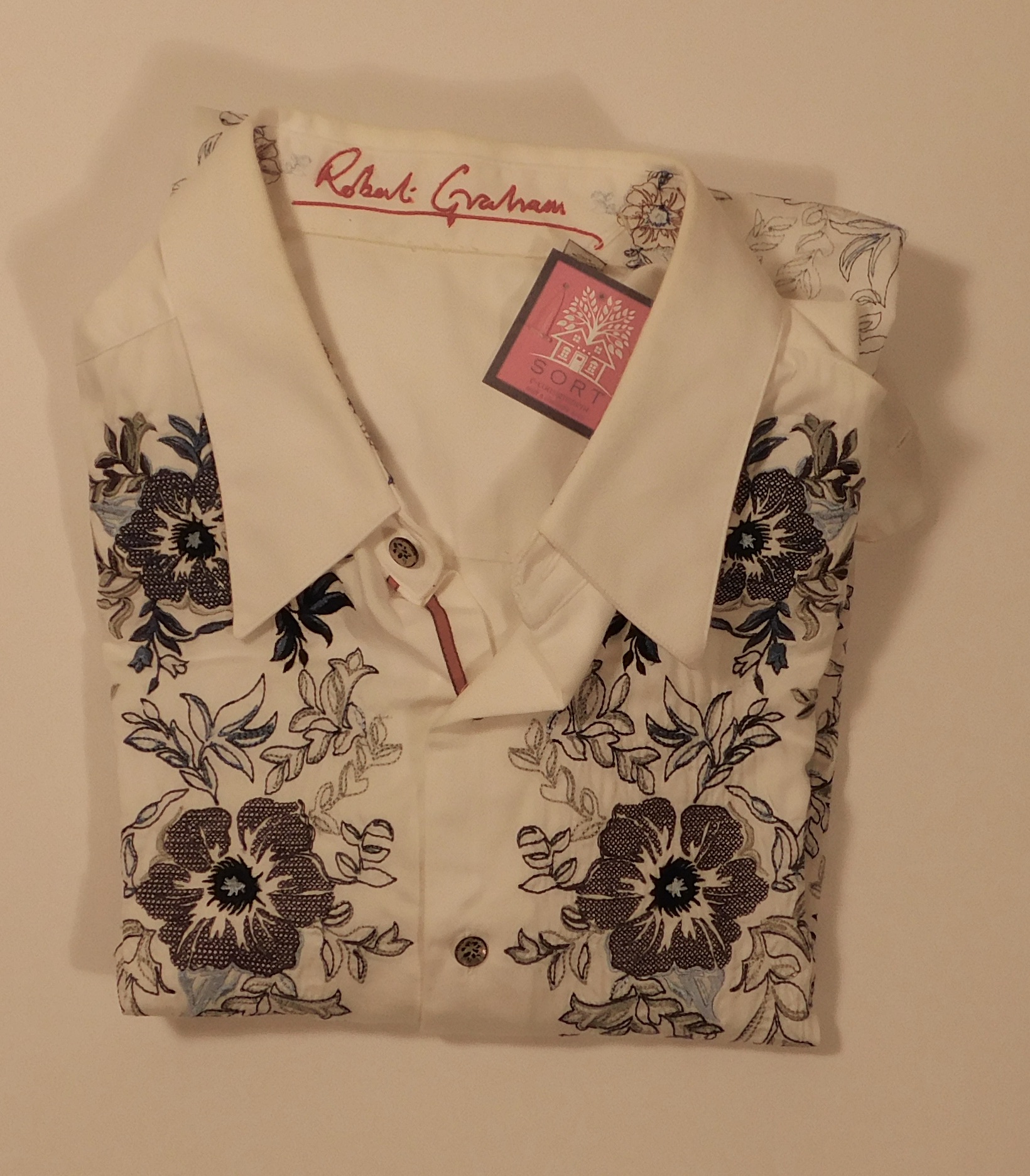 ROBERT GRAHAM Men's White W Blue Floral Embroidery Long Sleeved Shirt Sz 2XL