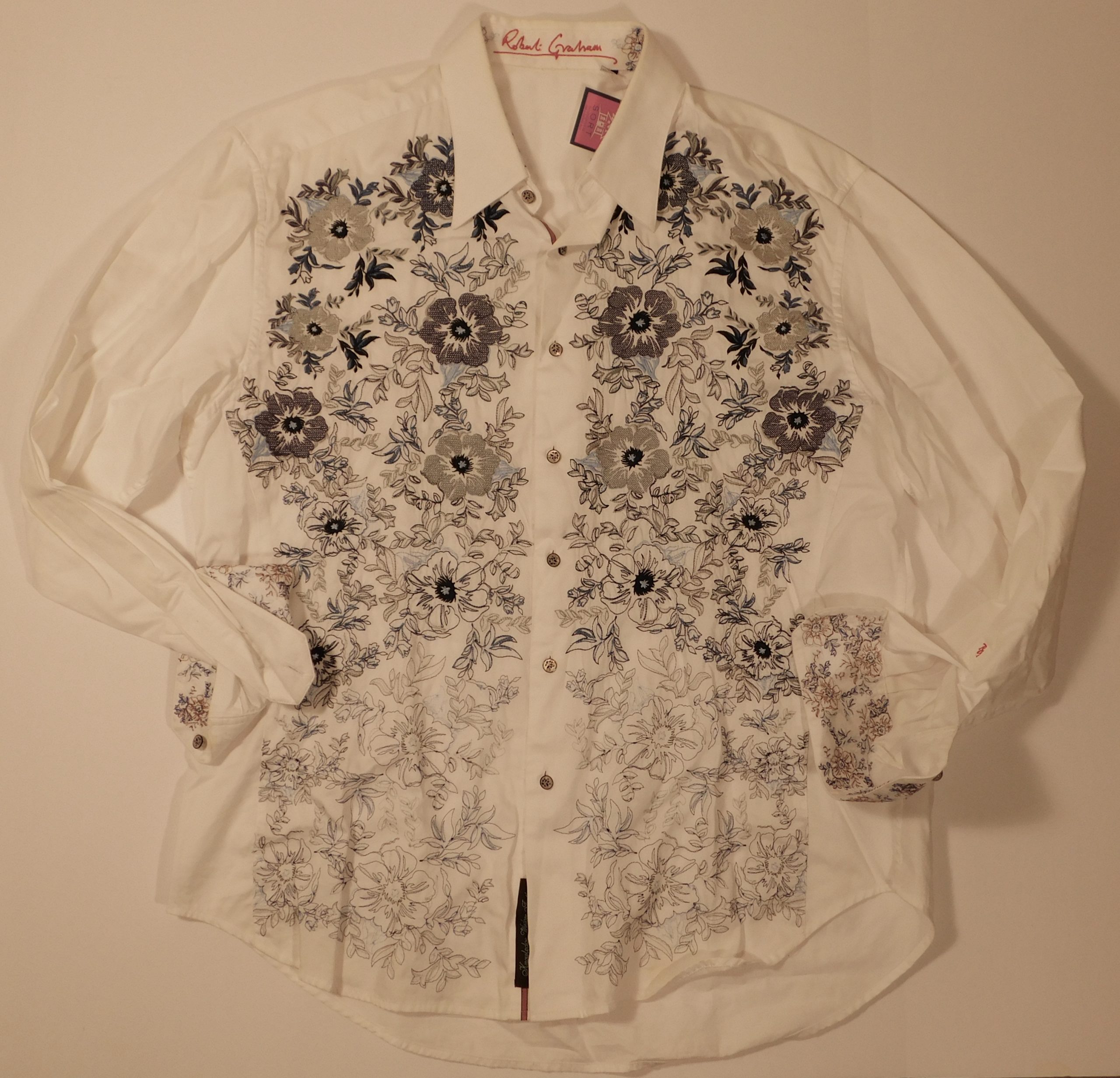 ROBERT GRAHAM Men's White W Blue Floral Embroidery Long Sleeved Shirt Sz 2XL - Image 3