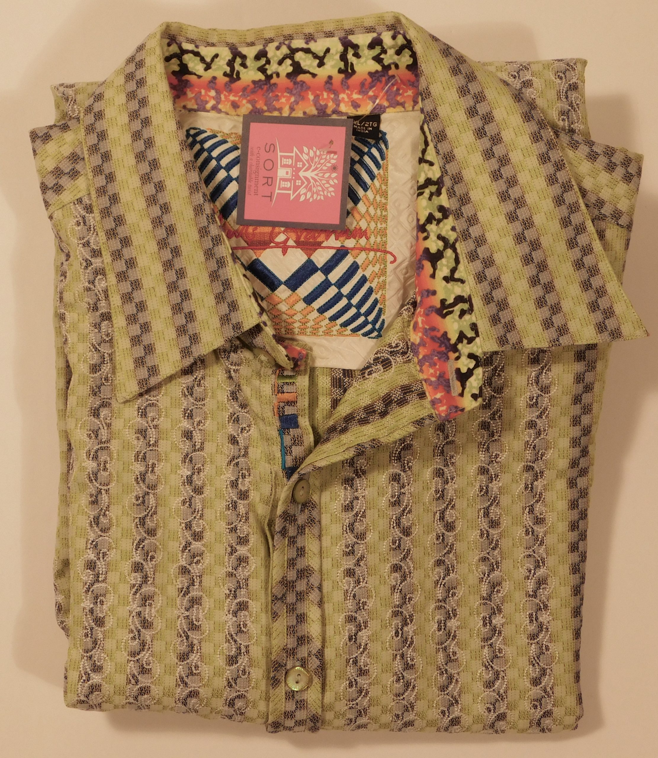 ROBERT GRAHAM Men's Green Gray Stripe White Embroidered Long Sleeved Shirt Sz 2XL