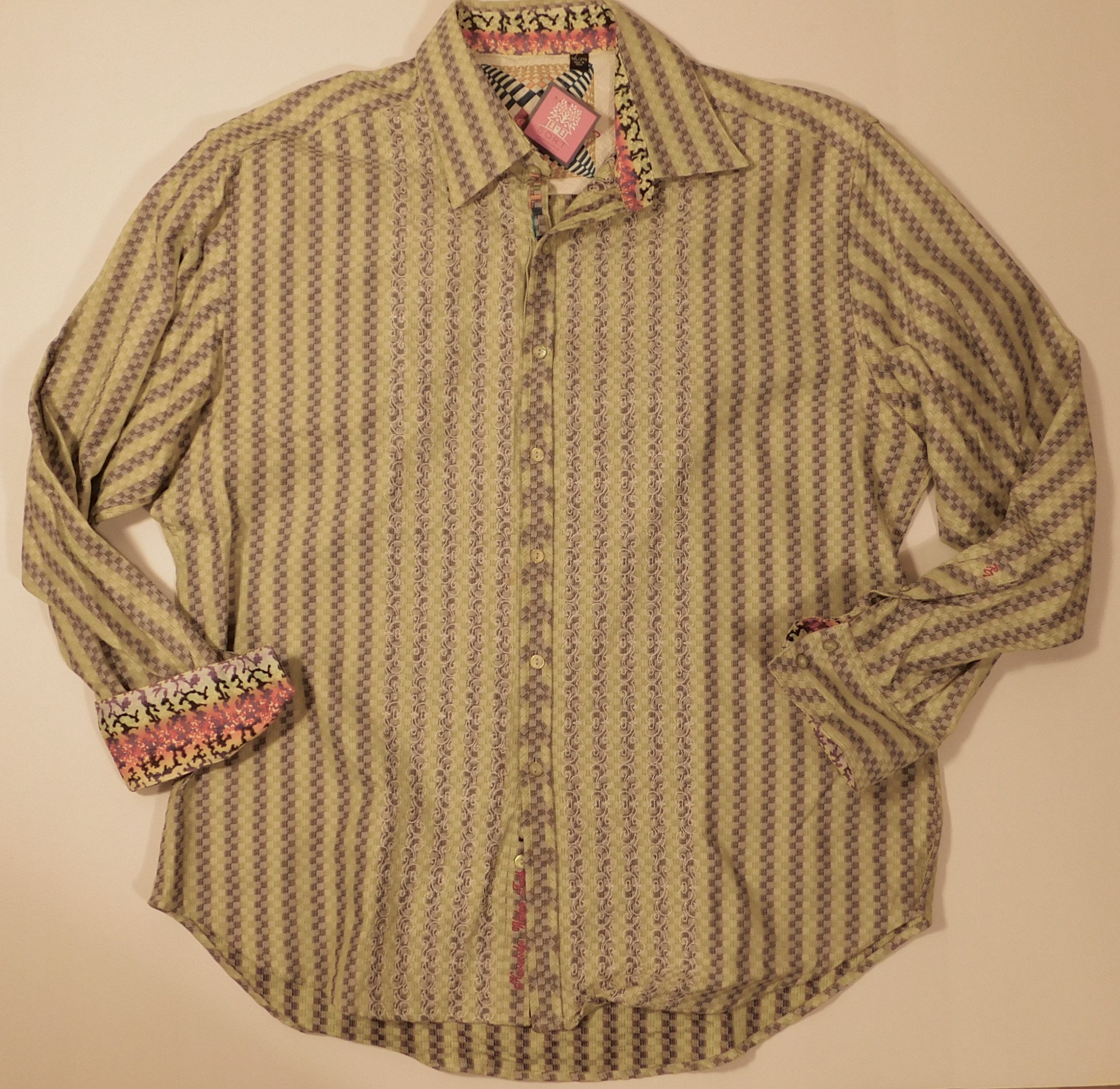 ROBERT GRAHAM Men's Green Gray Stripe White Embroidered Long Sleeved Shirt Sz 2XL - Image 3