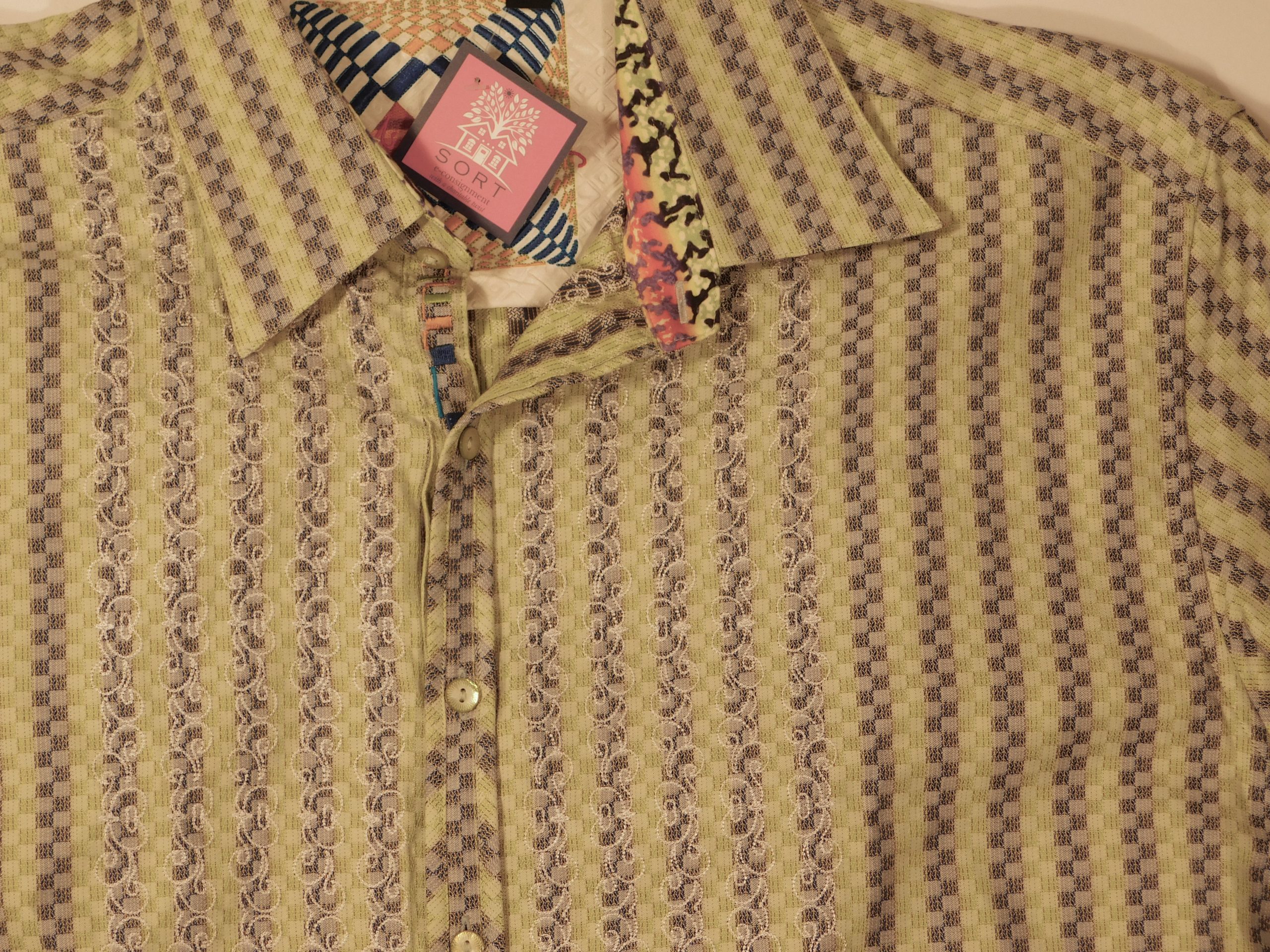 ROBERT GRAHAM Men's Green Gray Stripe White Embroidered Long Sleeved Shirt Sz 2XL - Image 5
