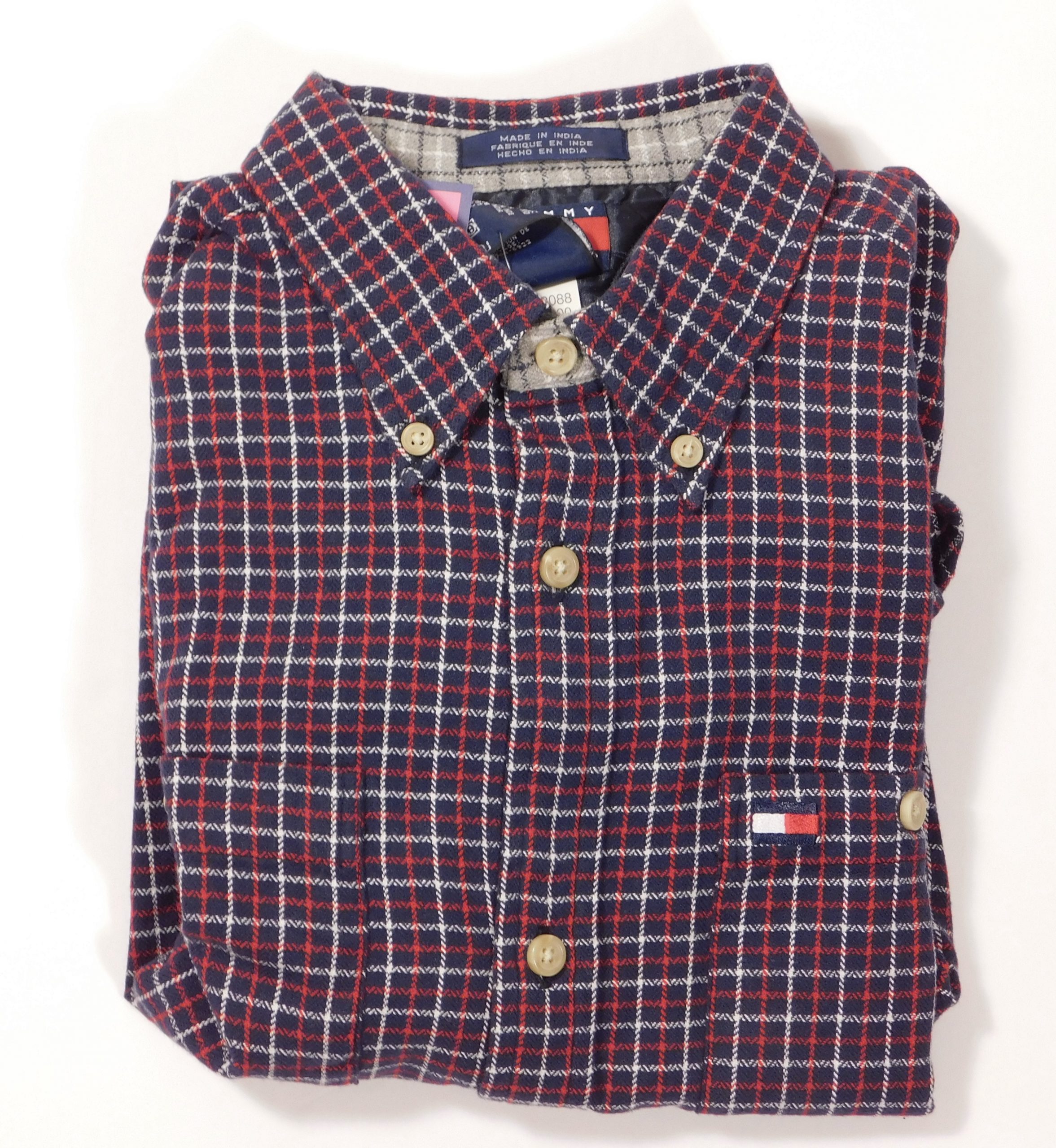 TOMMY HILFIGER Boys Blue Red White Plaid Long Sleeved Cotton Flannel Button Front Shirt Sz XL (18 - 20)