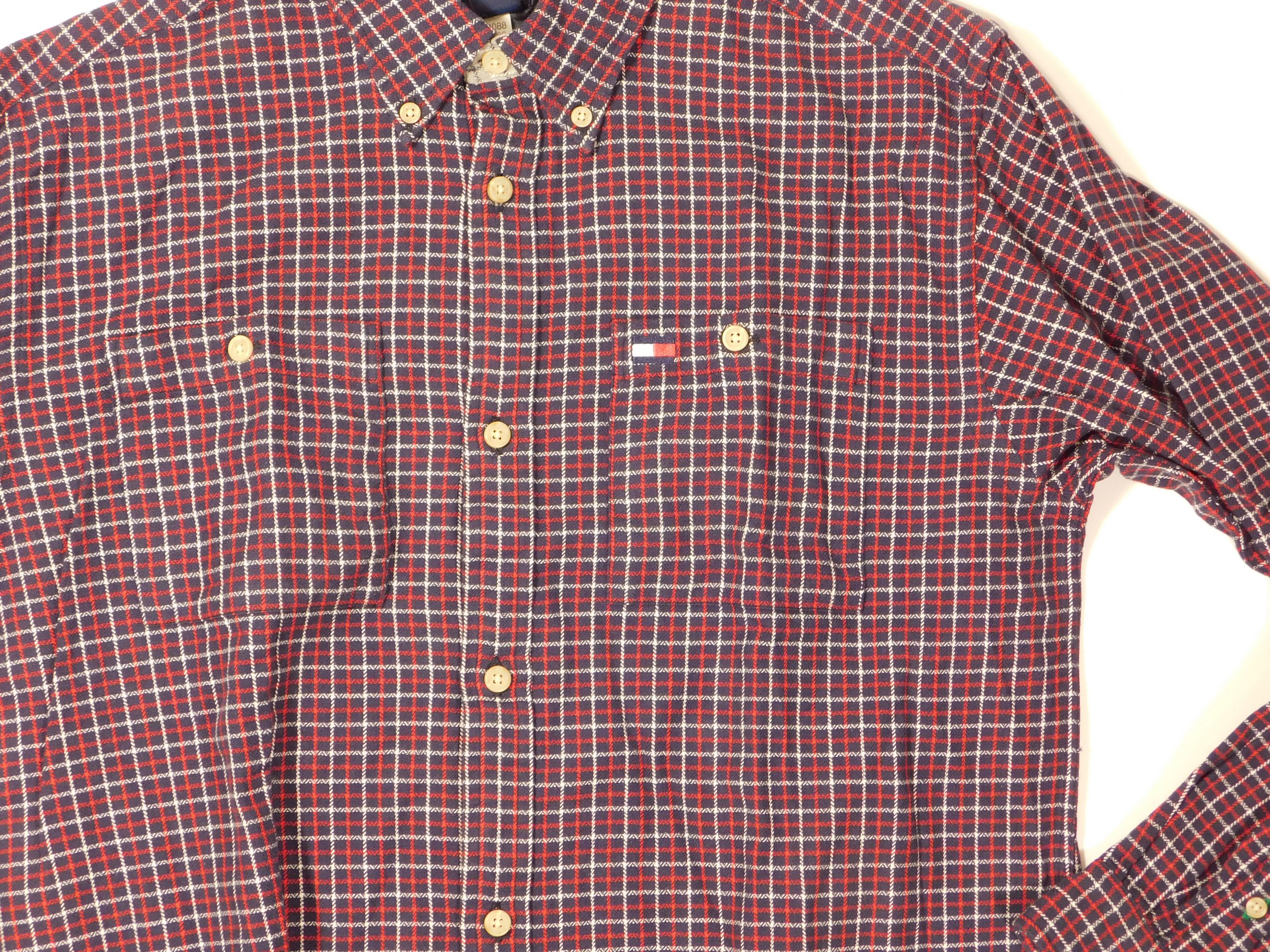 TOMMY HILFIGER Boys Blue Red White Plaid Long Sleeved Cotton Flannel Button Front Shirt Sz XL (18 - 20) - Image 4