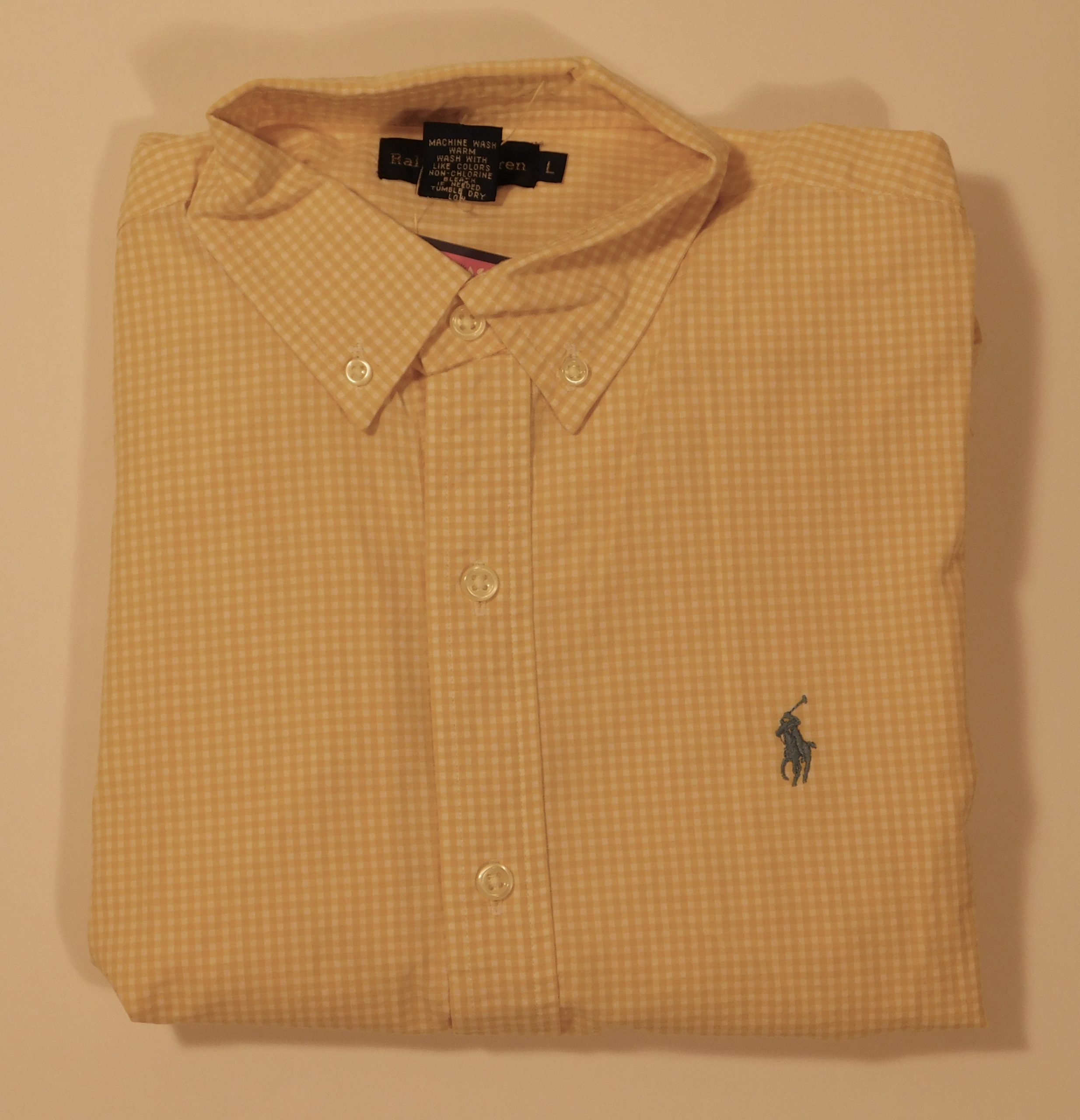 RALPH LAUREN Boys Yellow White Gingham Check Short Sleeved Button Front Cotton Shirt Sz L (14-16)