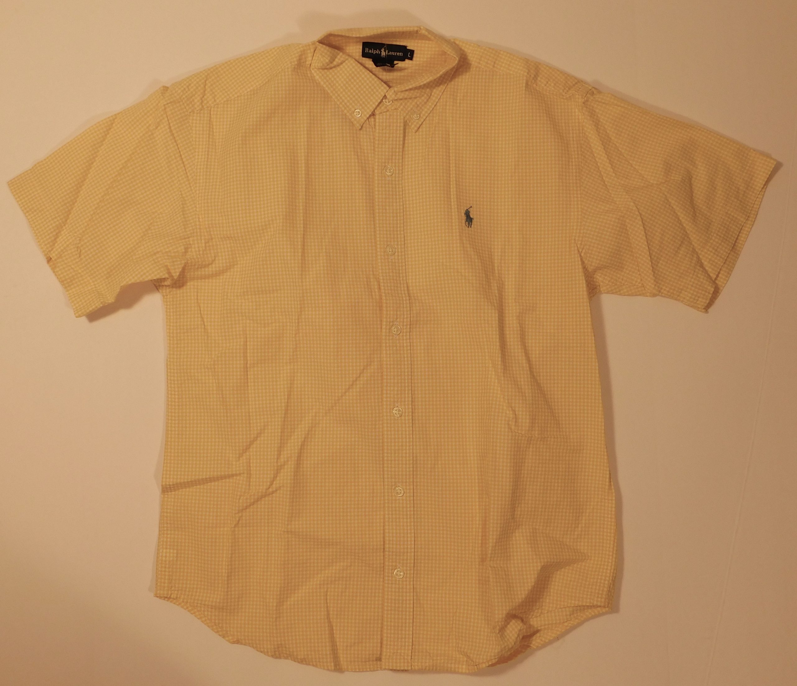 RALPH LAUREN Boys Yellow White Gingham Check Short Sleeved Button Front Cotton Shirt Sz L (14-16) - Image 3