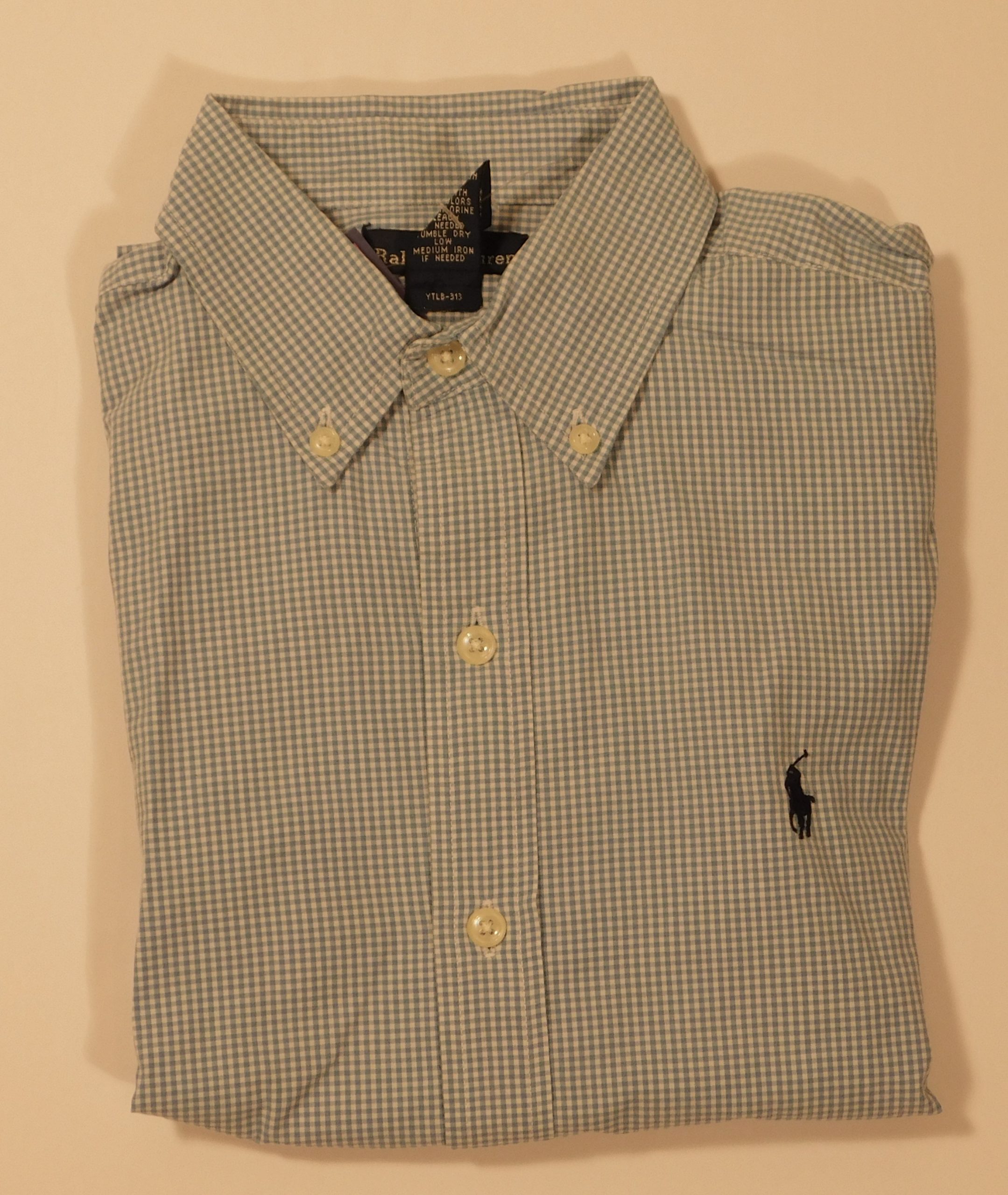 RALPH LAUREN Boys Blue White Gingham Check Short Sleeved Button Front Cotton Shirt Sz L (14-16)