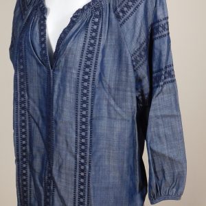 SKIES ARE BLUE Women's Dark Blue Chambray Embroidered V-Neck Long Sleeve Tunic Blouse Sz M