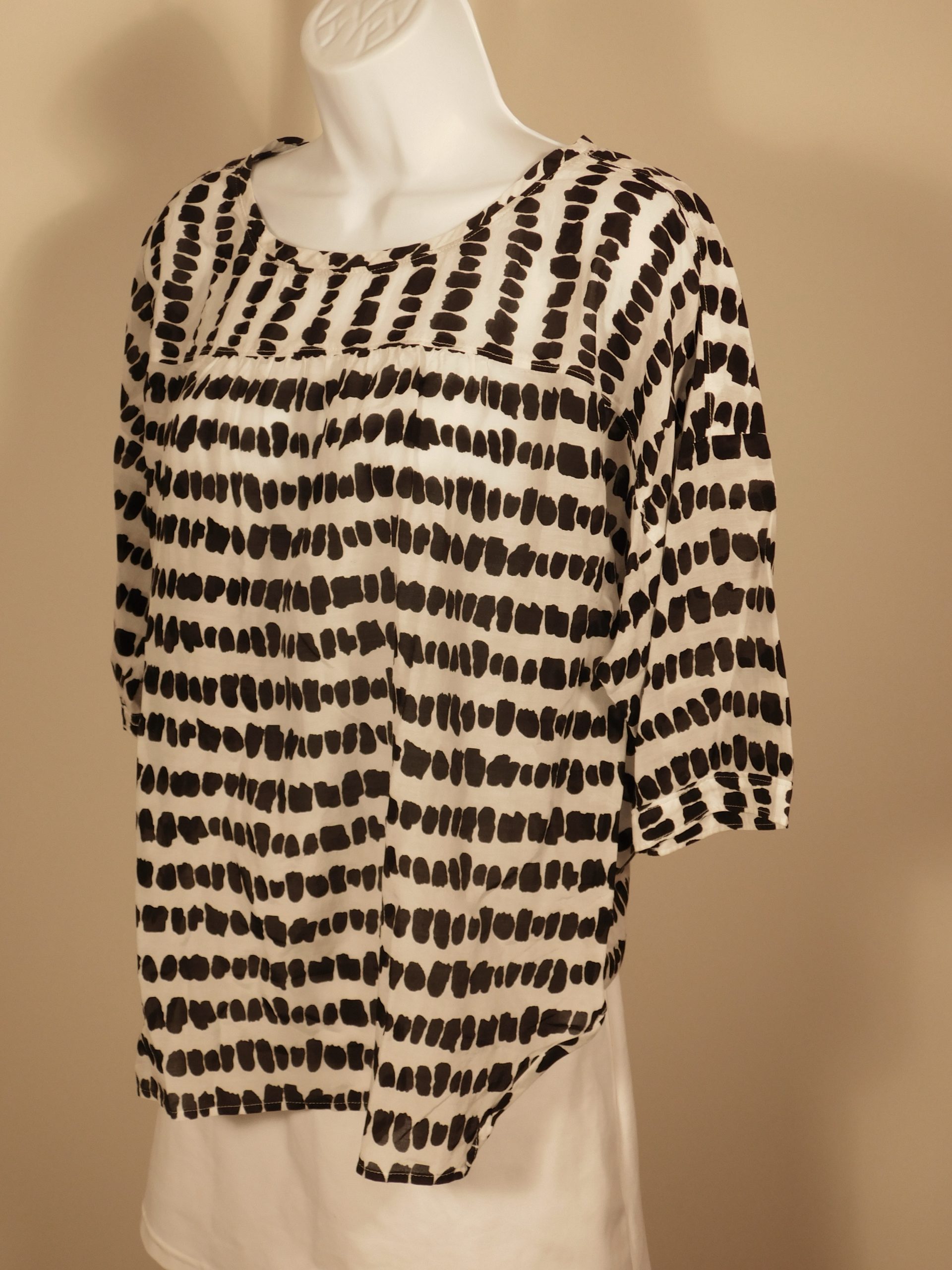 ANN TAYLOR LOFT Women's White Black Cotton Silkd Short Sleeve Scoop Neck Tunic Blouse Sz M