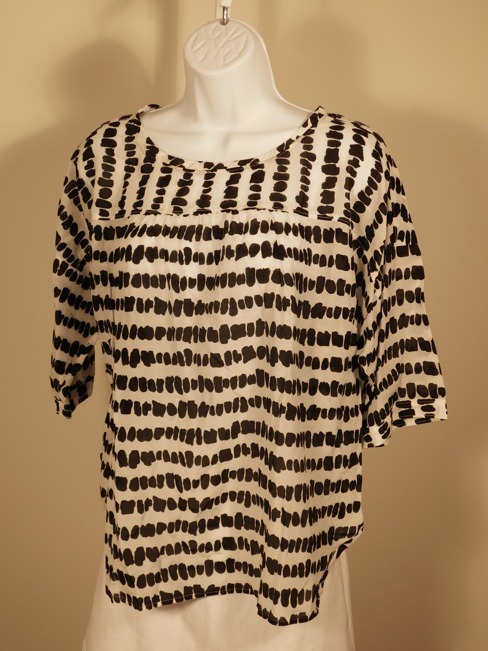 ANN TAYLOR LOFT Women's White Black Cotton Silkd Short Sleeve Scoop Neck Tunic Blouse Sz M - Image 4