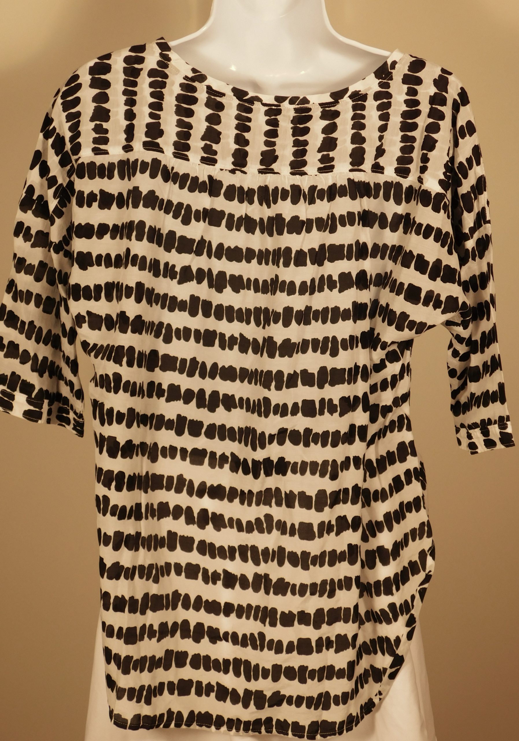 ANN TAYLOR LOFT Women's White Black Cotton Silkd Short Sleeve Scoop Neck Tunic Blouse Sz M - Image 5