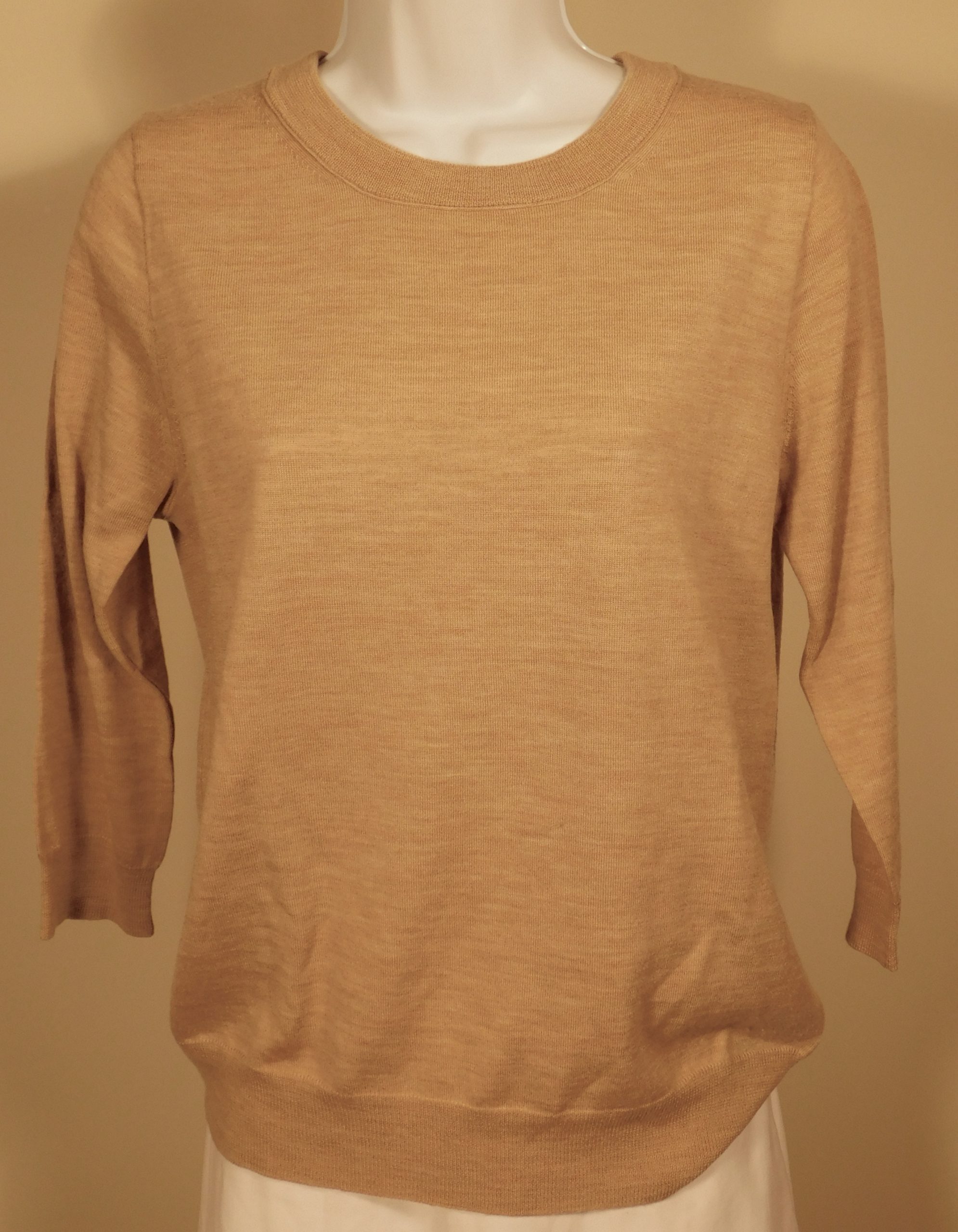 J CREW Women's Tan Merino Wool 3/4 Sleeve Scoop Neck Sweater Sz M - Image 4