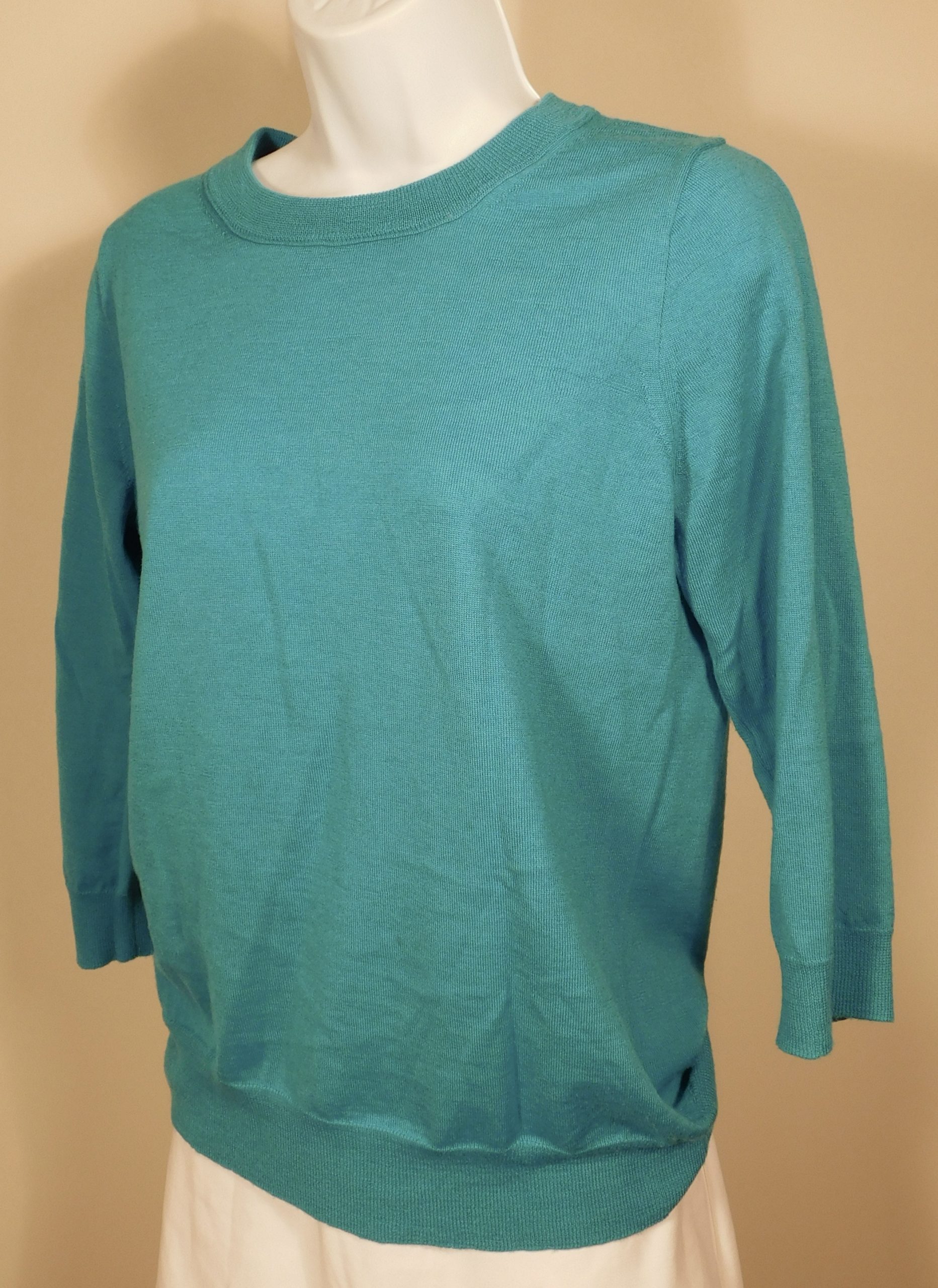 J CREW Women's Turquoise Blue Merino Wool 3/4 Sleeve Scoop Neck Sweater Sz M