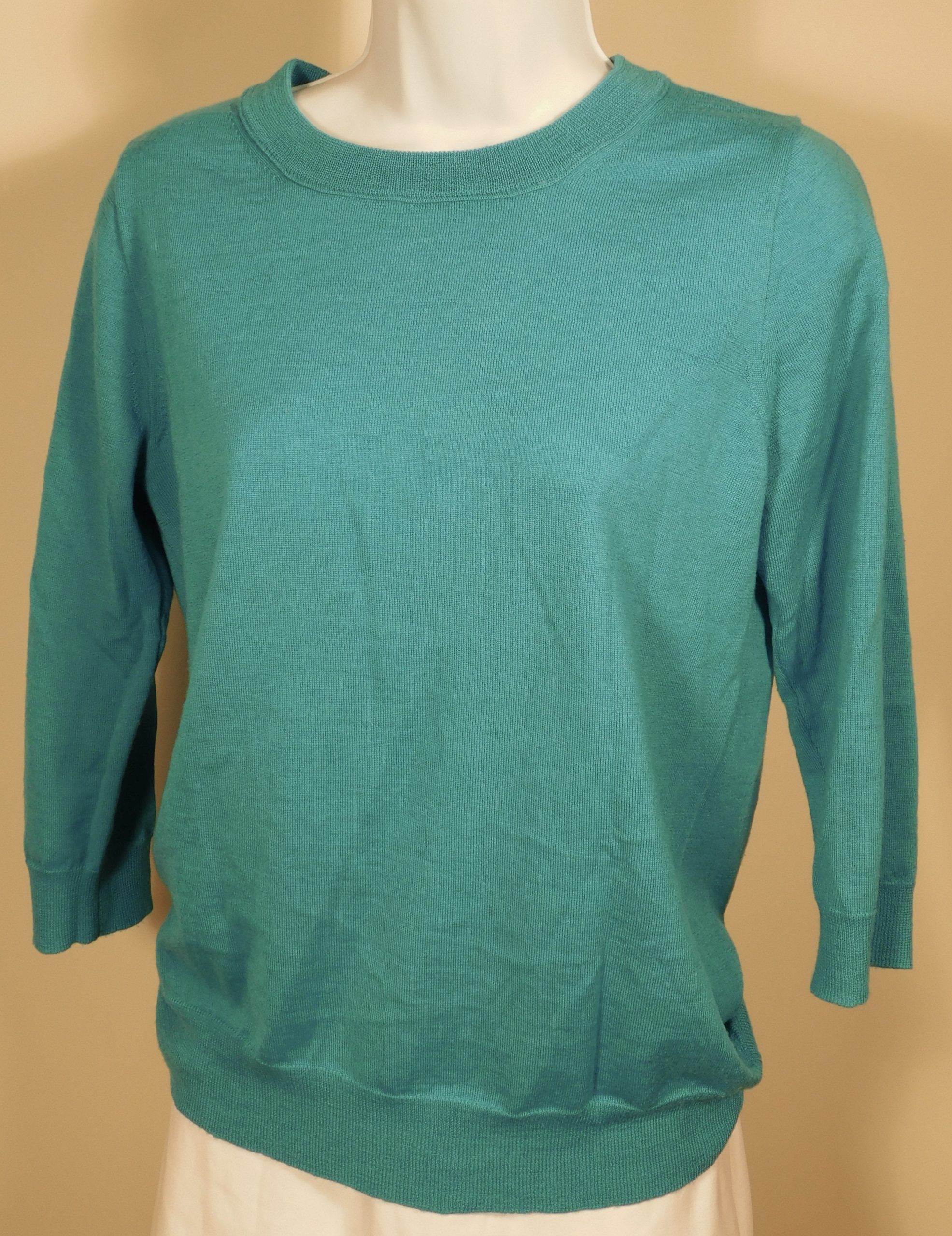 J CREW Women's Turquoise Blue Merino Wool 3/4 Sleeve Scoop Neck Sweater Sz M - Image 4