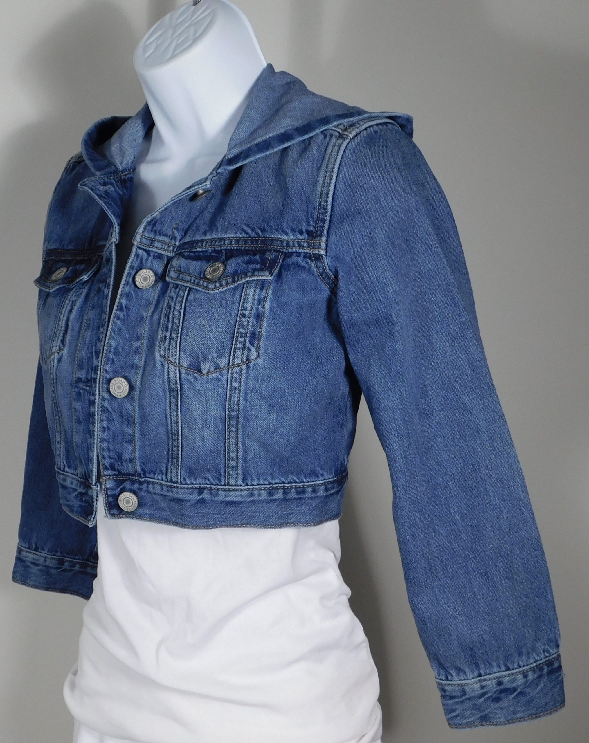 GAP DENIM Girl's Blue Soft Cotton Stretch Hooded Cropped Denim Jacket Sz M