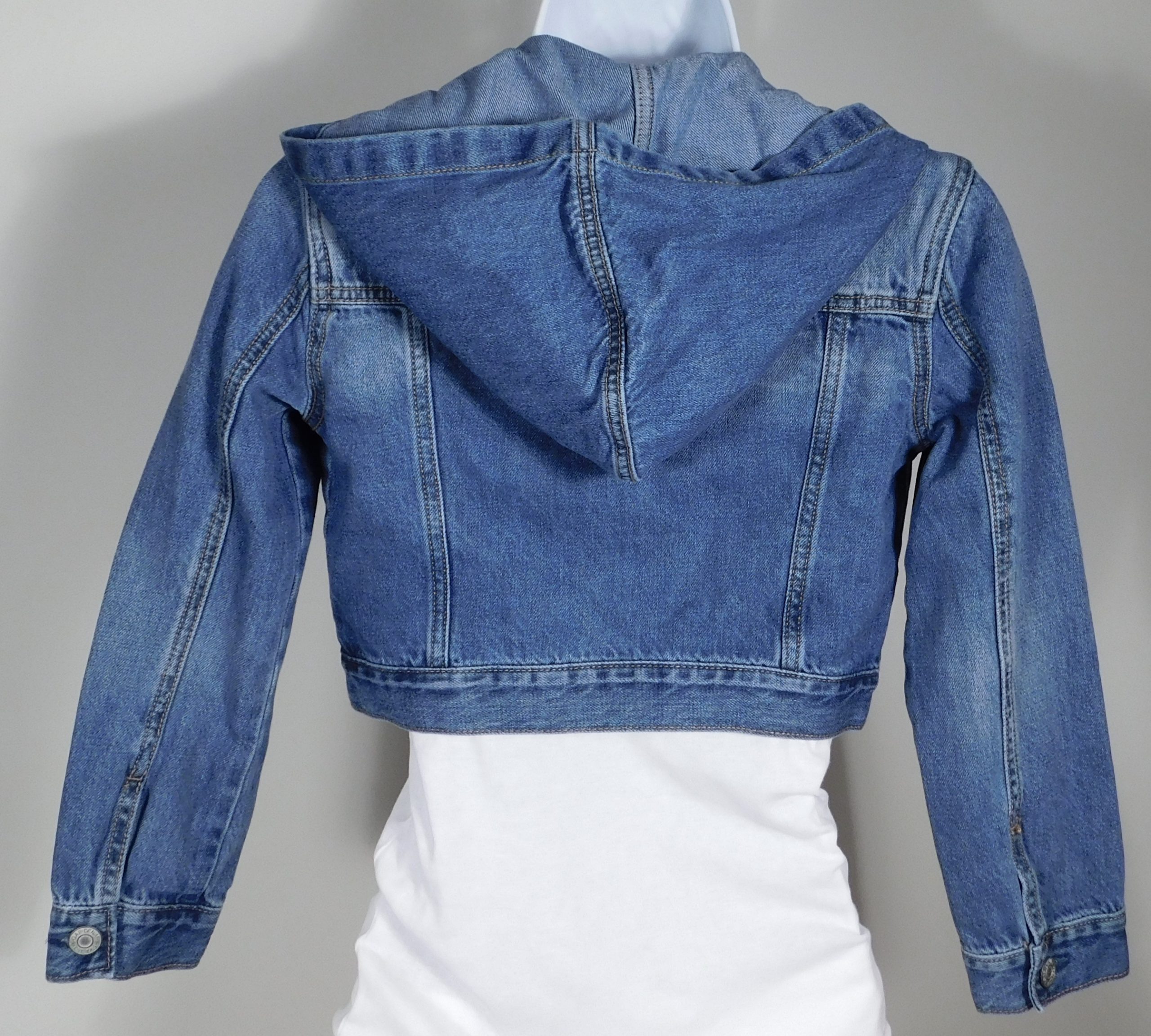 GAP DENIM Girl's Blue Soft Cotton Stretch Hooded Cropped Denim Jacket Sz M - Image 5