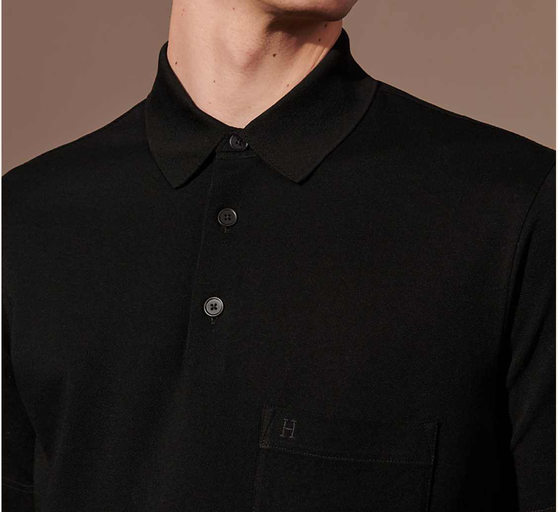 HERMES NWT Men's Black Short Sleeve Cotton Pique H Embroidered Buttoned Polo Shirt Sz M ($355) - Image 3