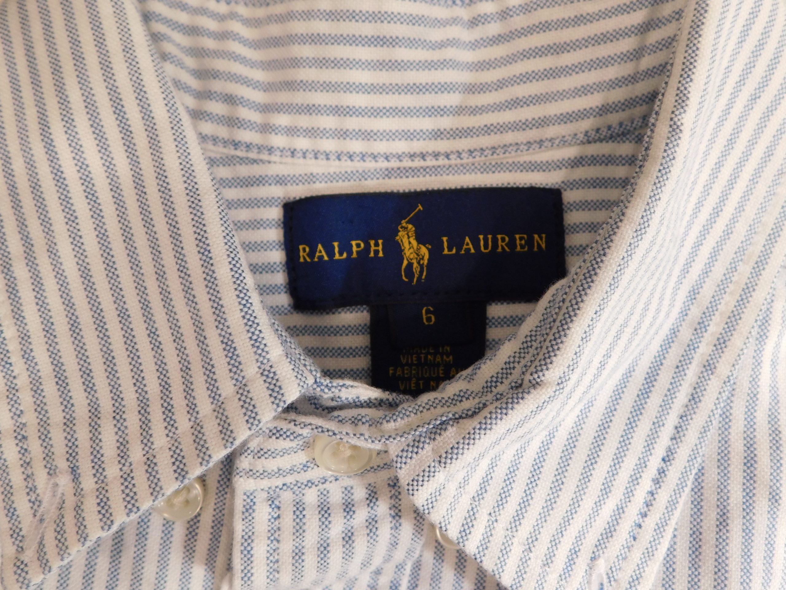 RALPH LAUREN Boys Blue White Striped Cotton Button Front Long Sleeved Cotton Shirt Sz 6 - Image 6