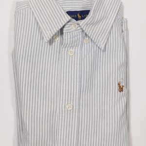 RALPH LAUREN Boys Blue White Striped Cotton Button Front Long Sleeved Cotton Shirt Sz 6