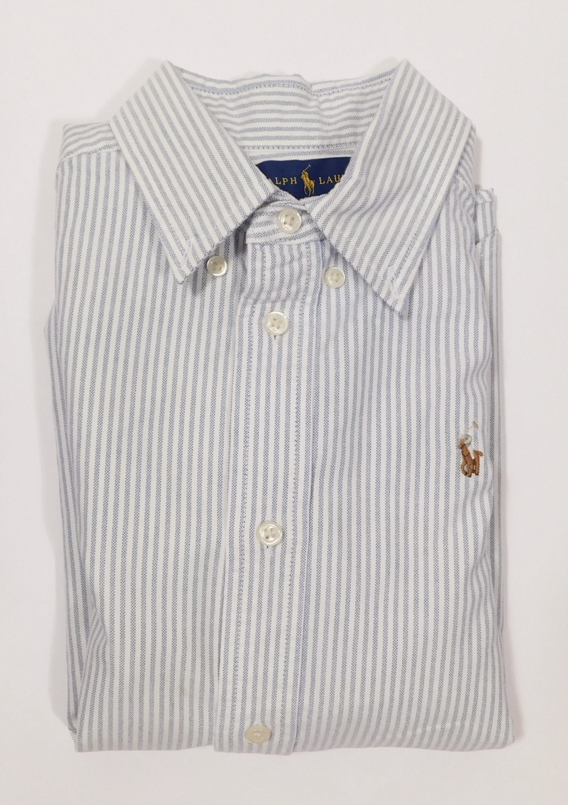 RALPH LAUREN Boys Blue White Striped Cotton Button Front Long Sleeved Cotton Shirt Sz 6