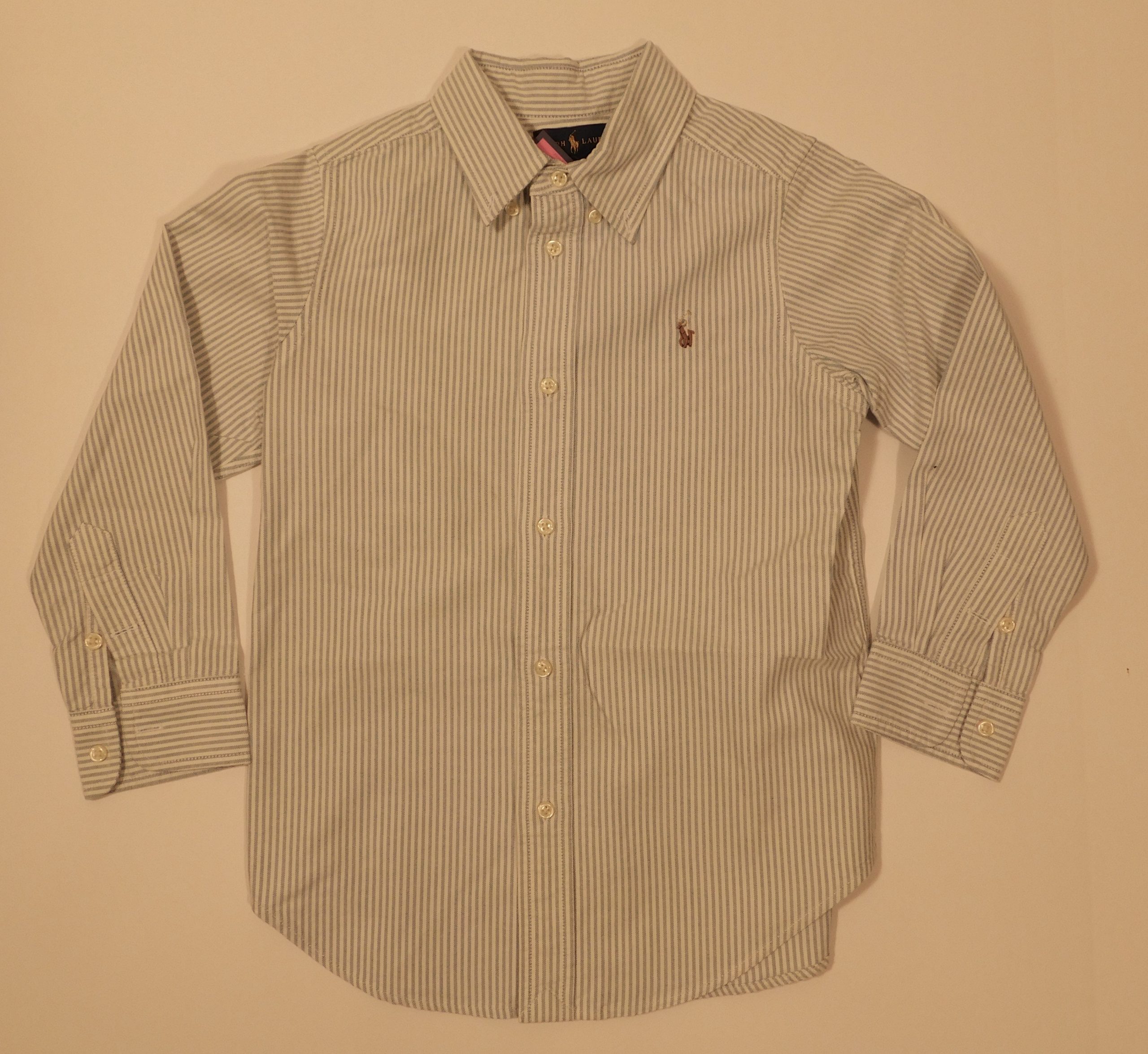 RALPH LAUREN Boys Blue White Striped Cotton Button Front Long Sleeved Cotton Shirt Sz 6 - Image 3