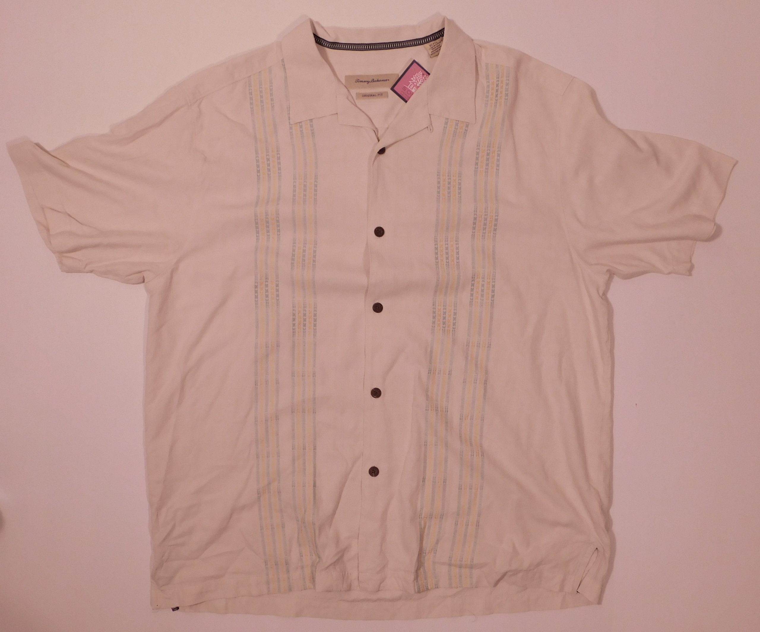 TOMMY BAHAMA Men's Ivory Embroidered Blue & Yellow Silk Original Fit Short Sleeved Button Front Shirt Sz XL - Image 2