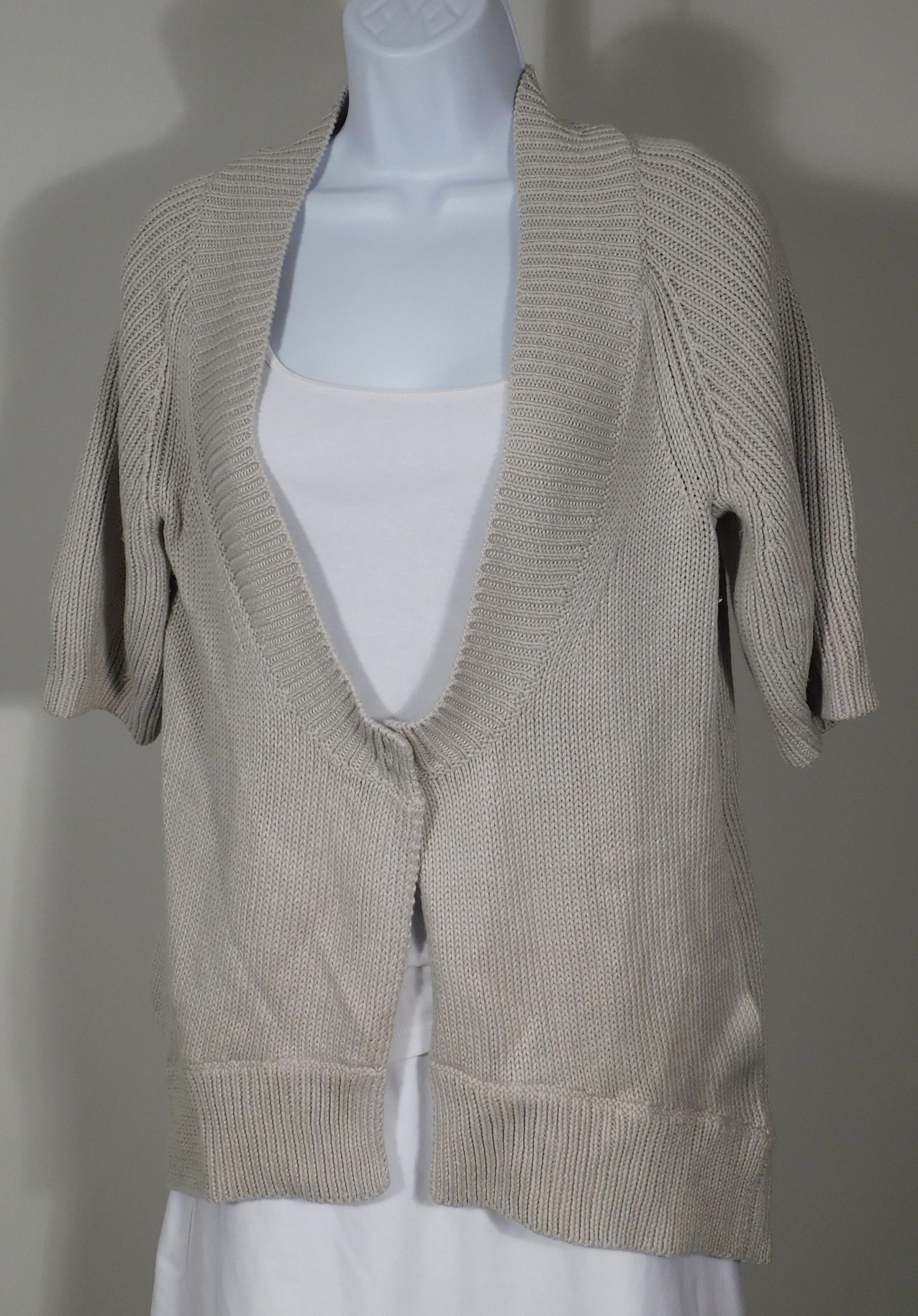 THEORY Women's Beige Singe Button Linen Cotton Short Sleeve Cardigan Sweater Sz M - Image 4