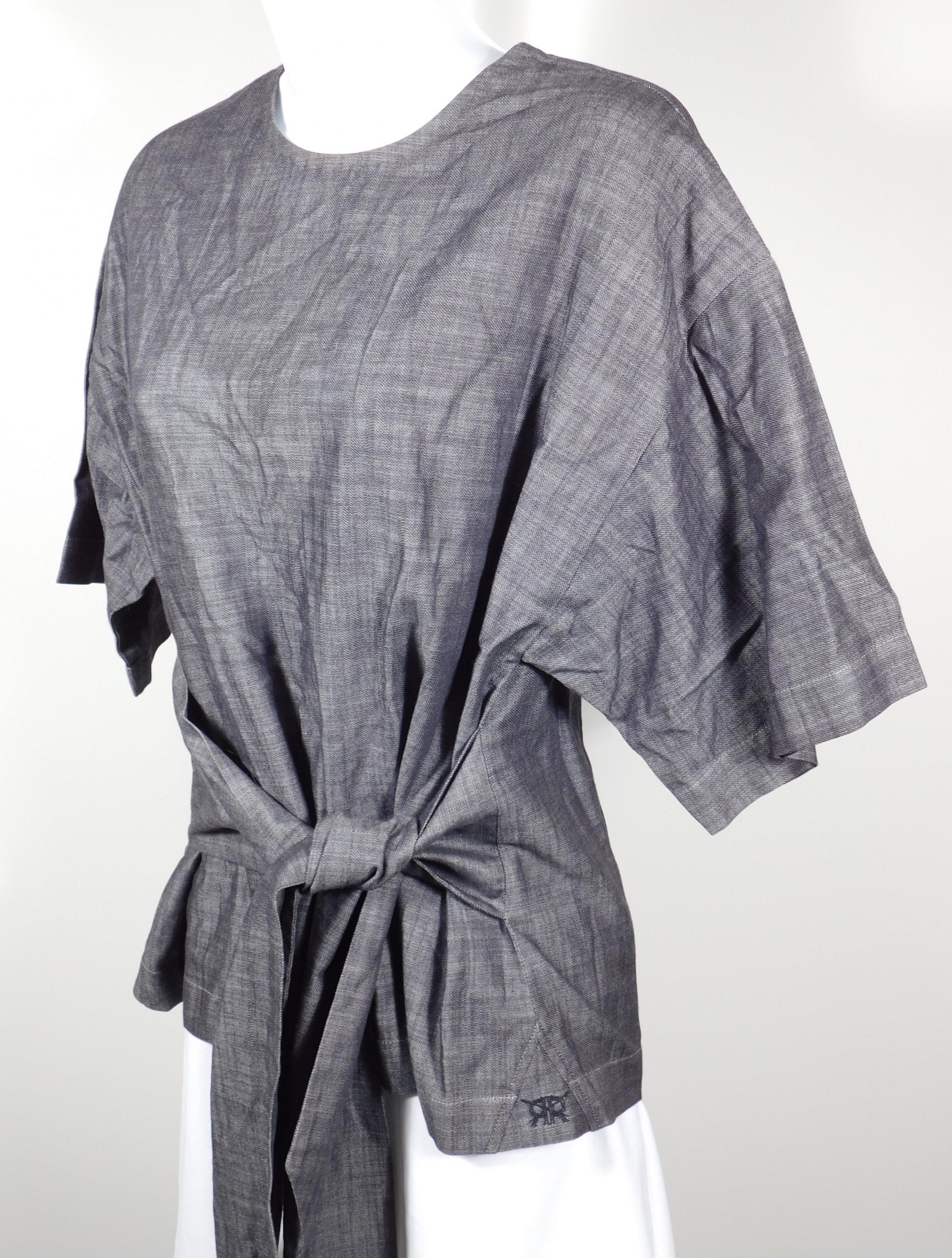DOUBLE R BY RAVI RATAN Women's DOUBLE R BY RAVI RATAN Women's Gray Short Sleeve Self Waist Tie Shirt Sz M
