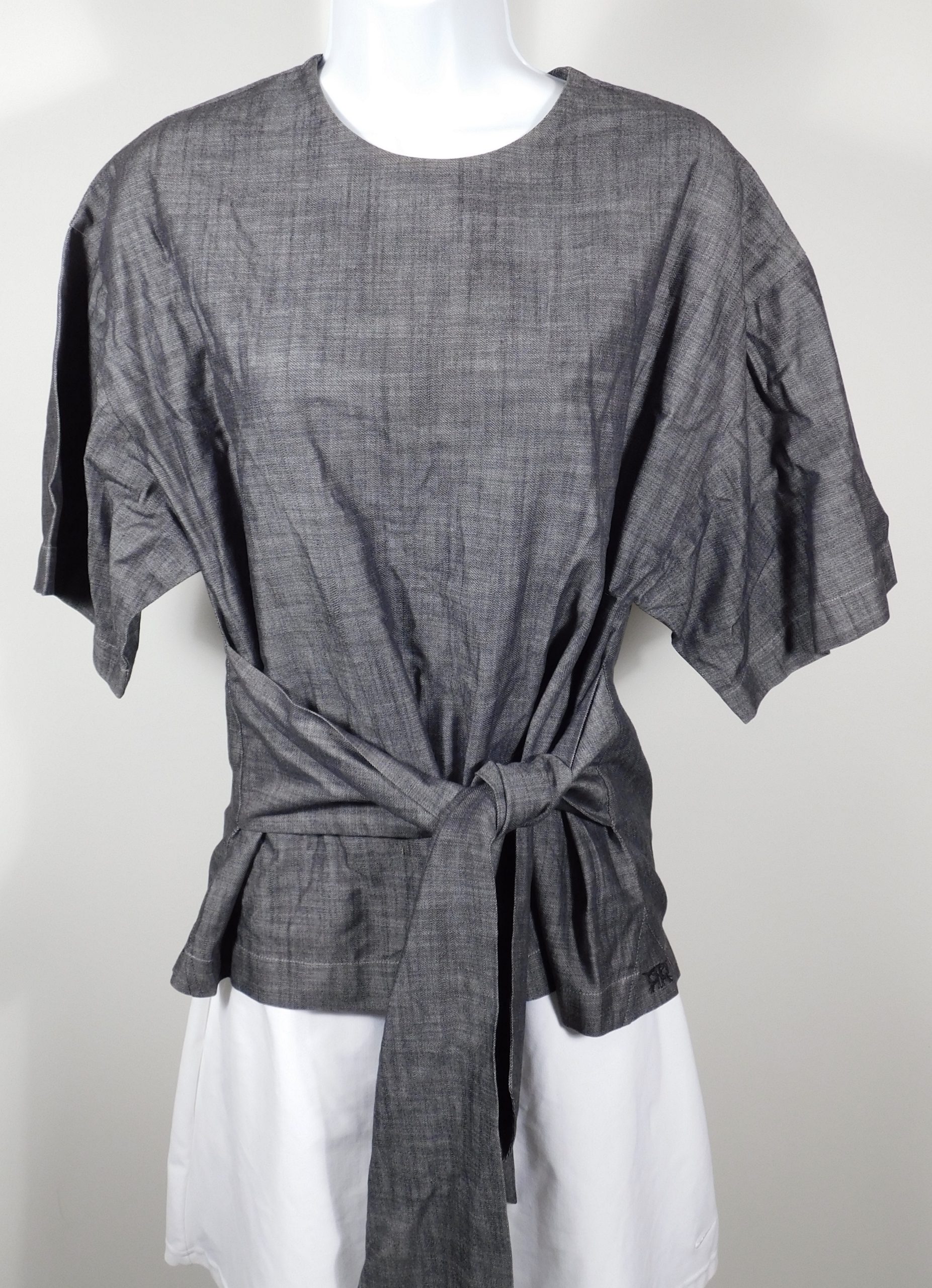 DOUBLE R BY RAVI RATAN Women's DOUBLE R BY RAVI RATAN Women's Gray Short Sleeve Self Waist Tie Shirt Sz M - Image 3