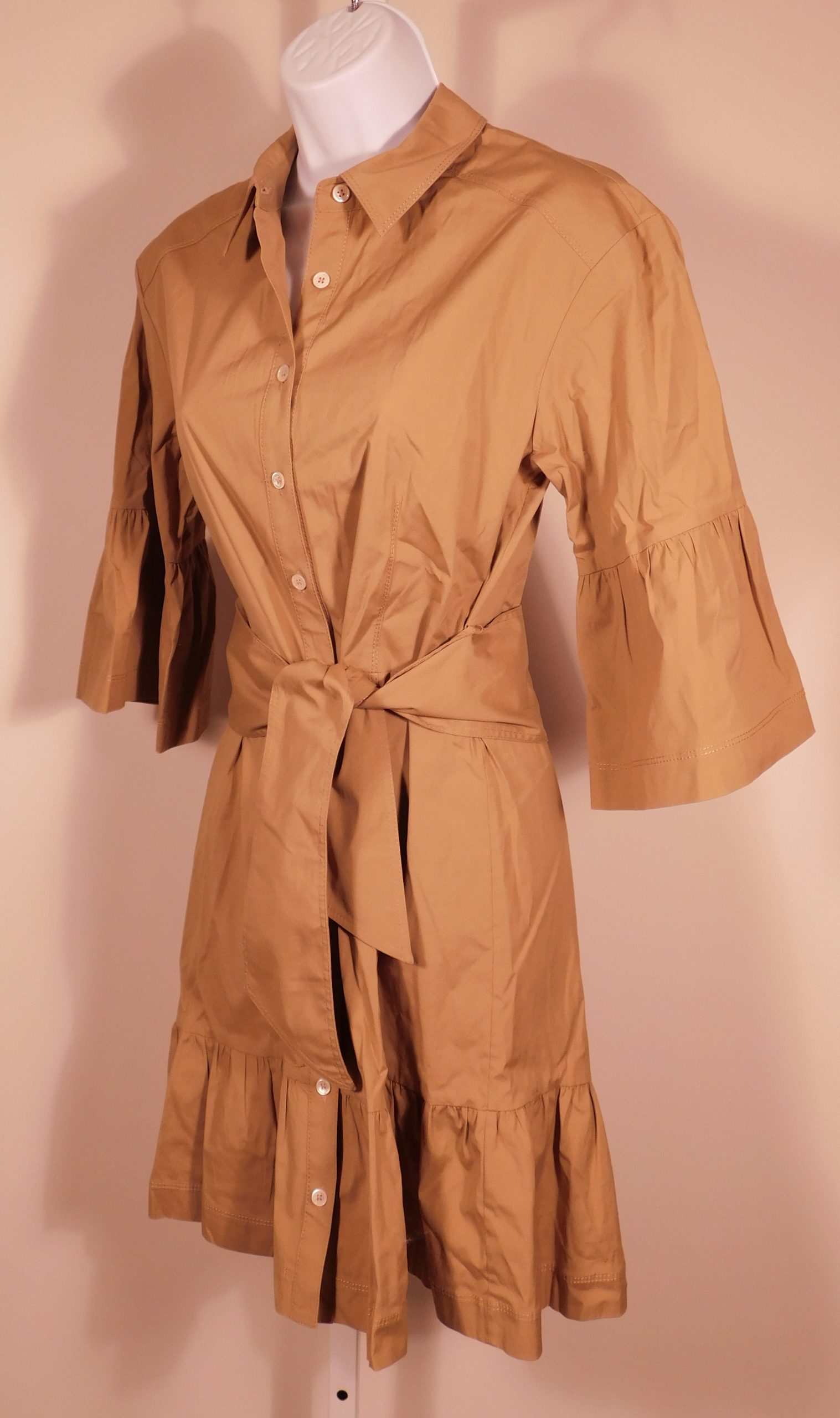 VERONICA BEARD Women's Khaki Luriane Poplin Cotton Stretch Bell-Sleeve Flounced Skirt Dress Sz 4 ($495)