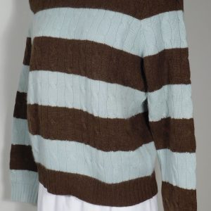 NEW SCOTLAND Women's Robin's Egg Blue & Brown Striped Cashmere Pull On Crewneck Sweater Sz M