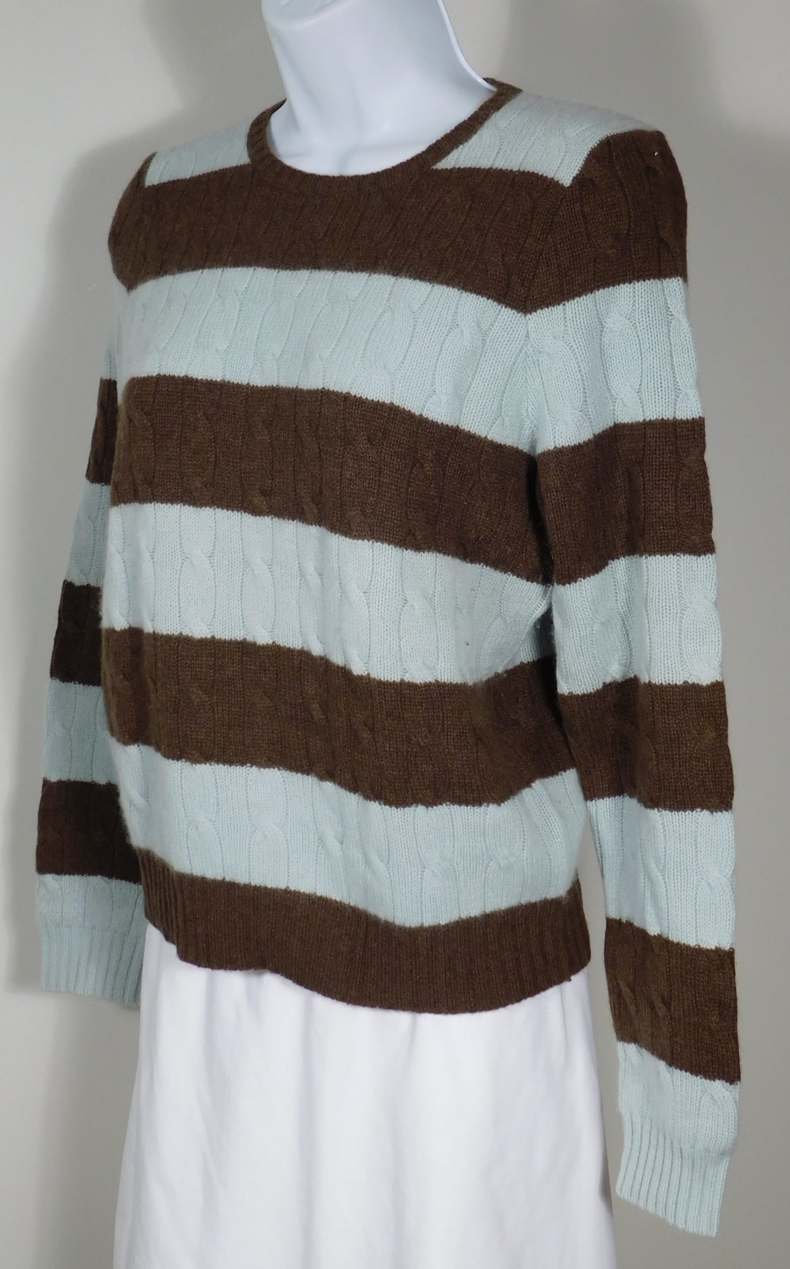 NEW SCOTLAND Women's Robin's Egg Blue & Brown Striped Cashmere Pull On Crewneck Sweater Sz M