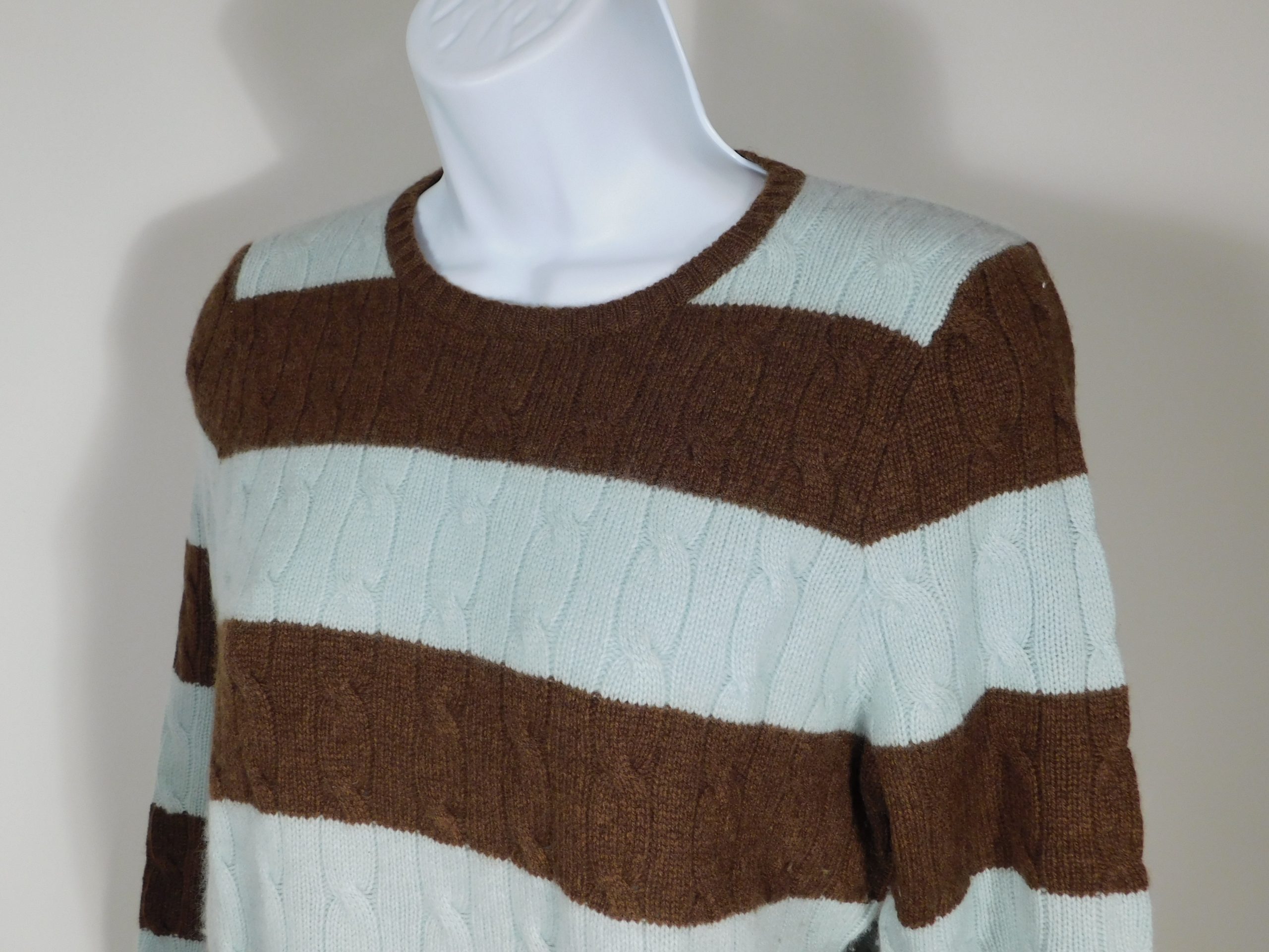NEW SCOTLAND Women's Robin's Egg Blue & Brown Striped Cashmere Pull On Crewneck Sweater Sz M - Image 4