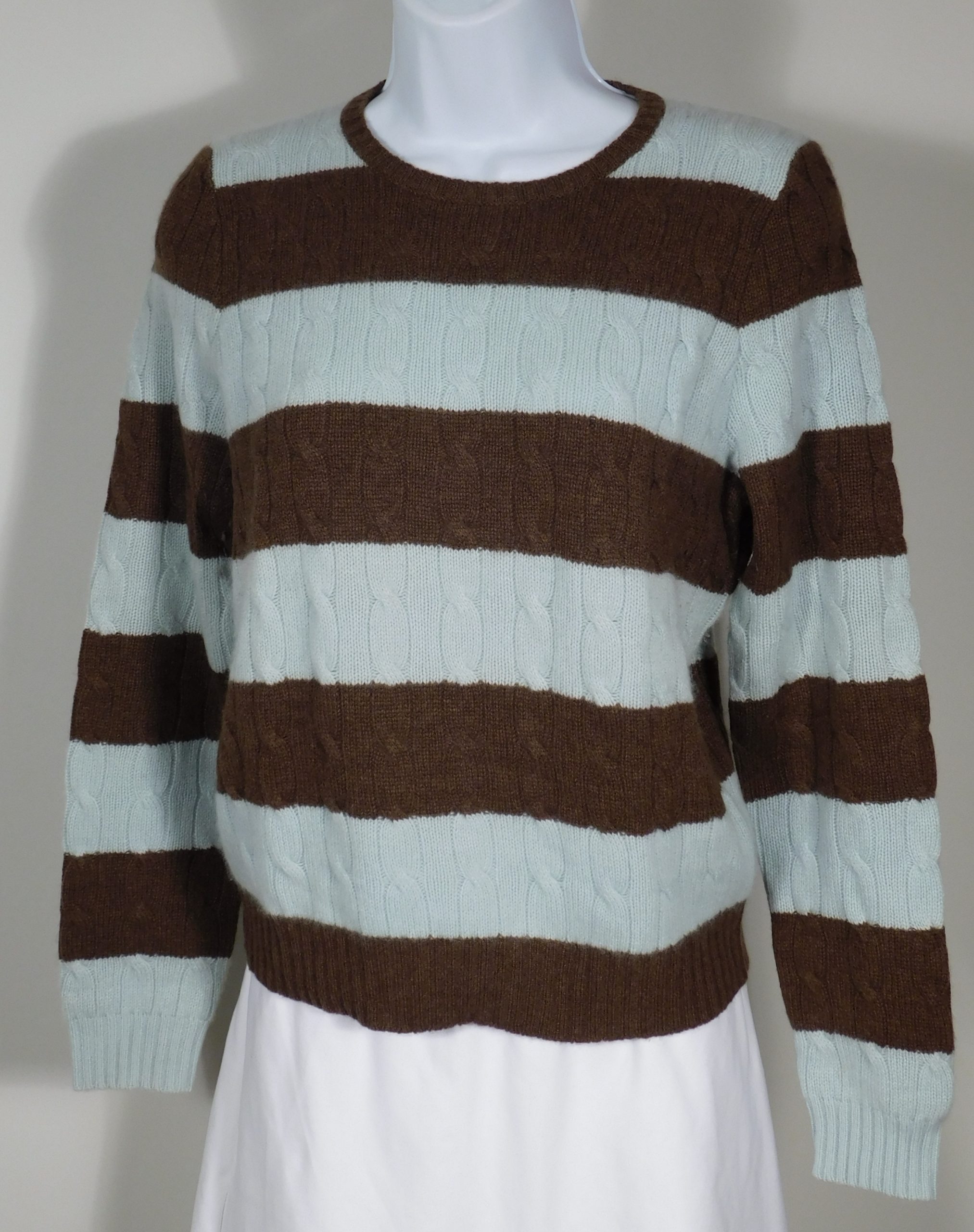 NEW SCOTLAND Women's Robin's Egg Blue & Brown Striped Cashmere Pull On Crewneck Sweater Sz M - Image 5