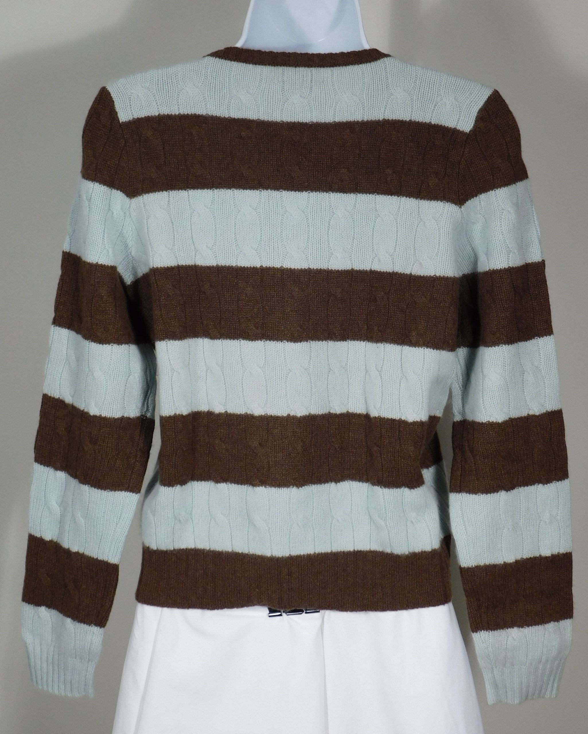 NEW SCOTLAND Women's Robin's Egg Blue & Brown Striped Cashmere Pull On Crewneck Sweater Sz M - Image 6