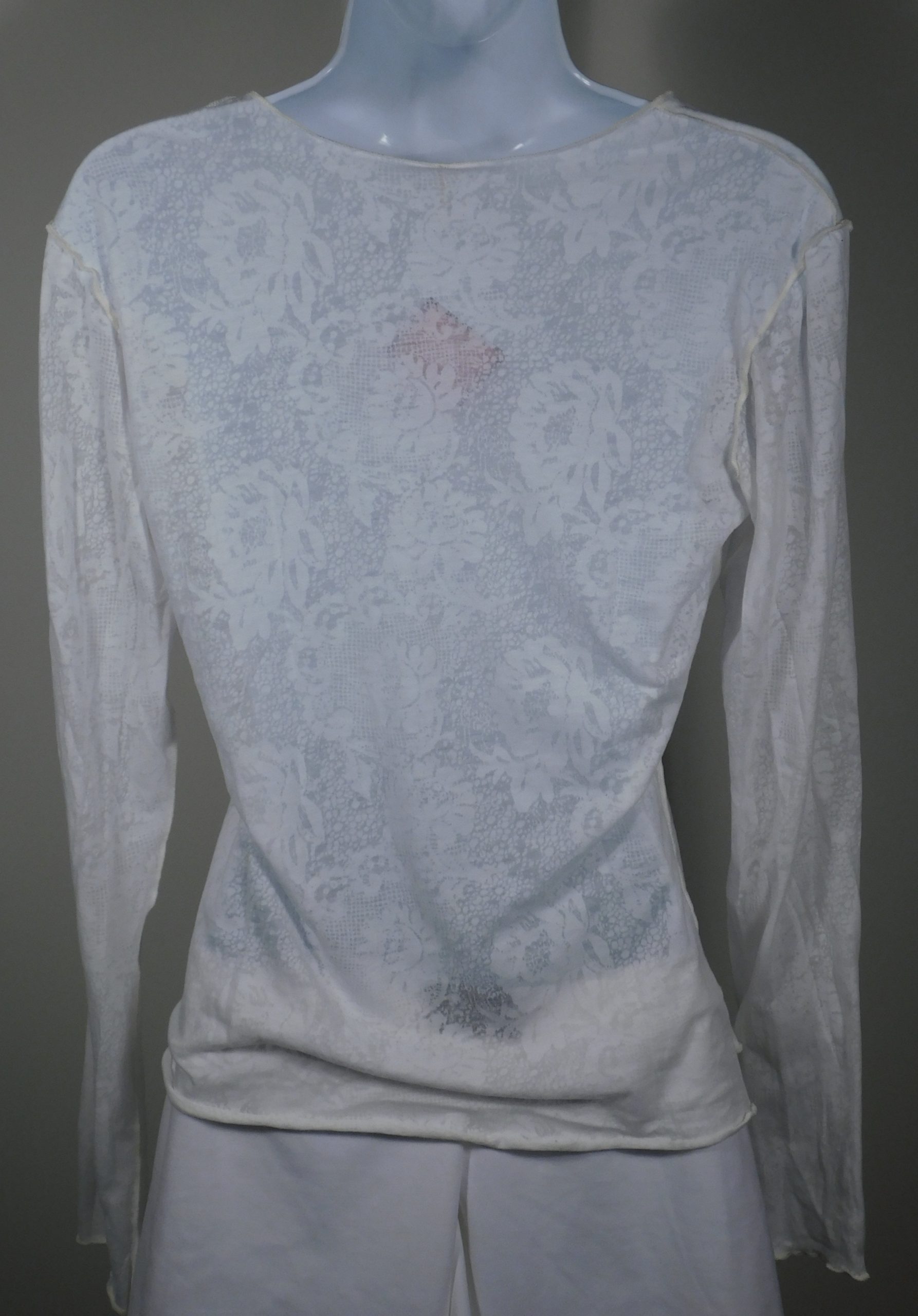 PETE COLLECTION Women's White Floral V- Neck Burn Out Cotton Blend Long Sleeved T-Shirt Top Sz M - Image 4