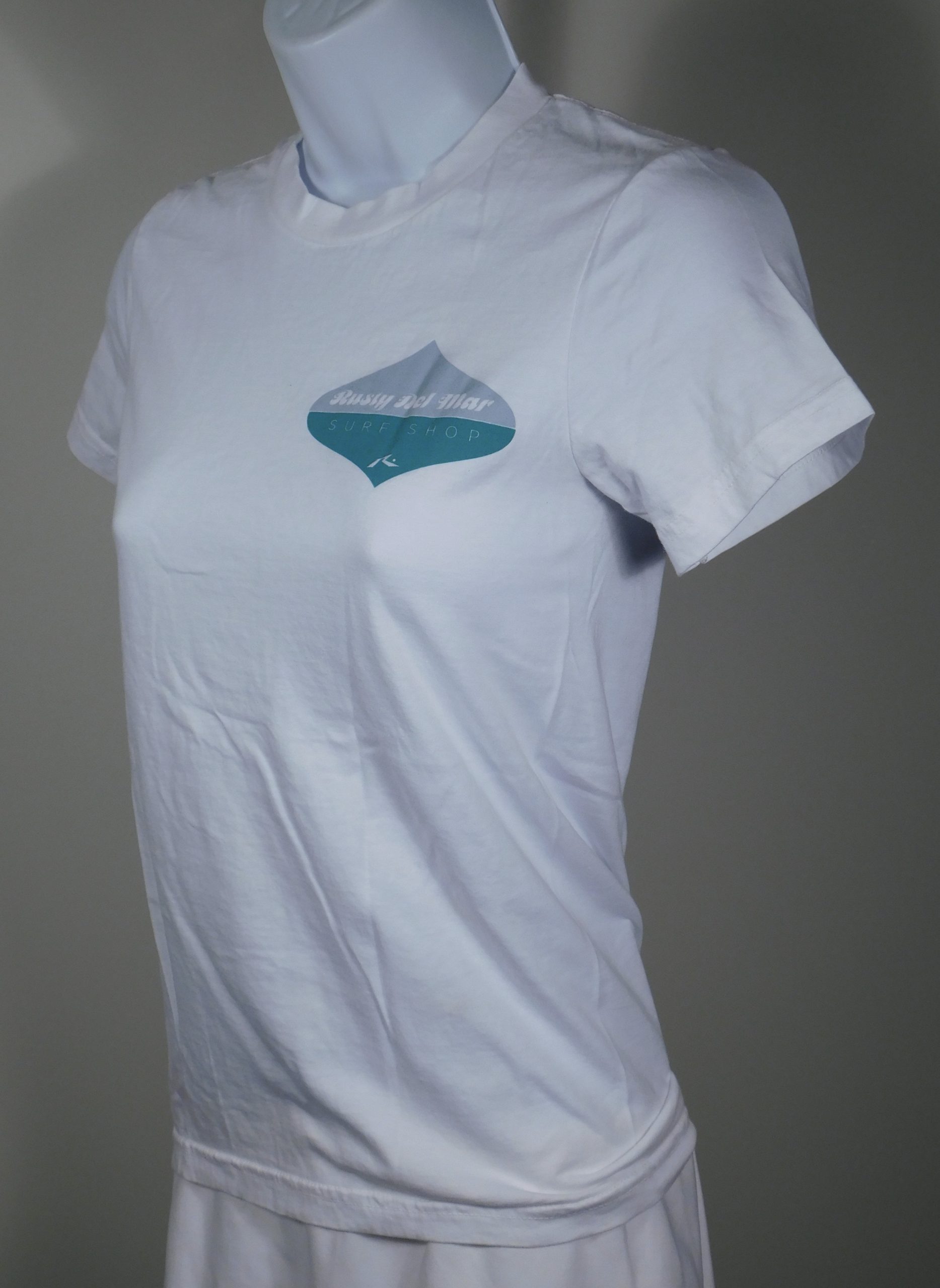 RUSTY DEL MAR SURF SHOP Women's White Logo Cotton Scoop Neck Short Sleeved T-Shirt Sz S