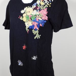 TINY BY ANTHROPOLOGIE Women's Black Embroidered Cotton Scoop Neck Short Sleeved T-Shirt Blouse Sz XS
