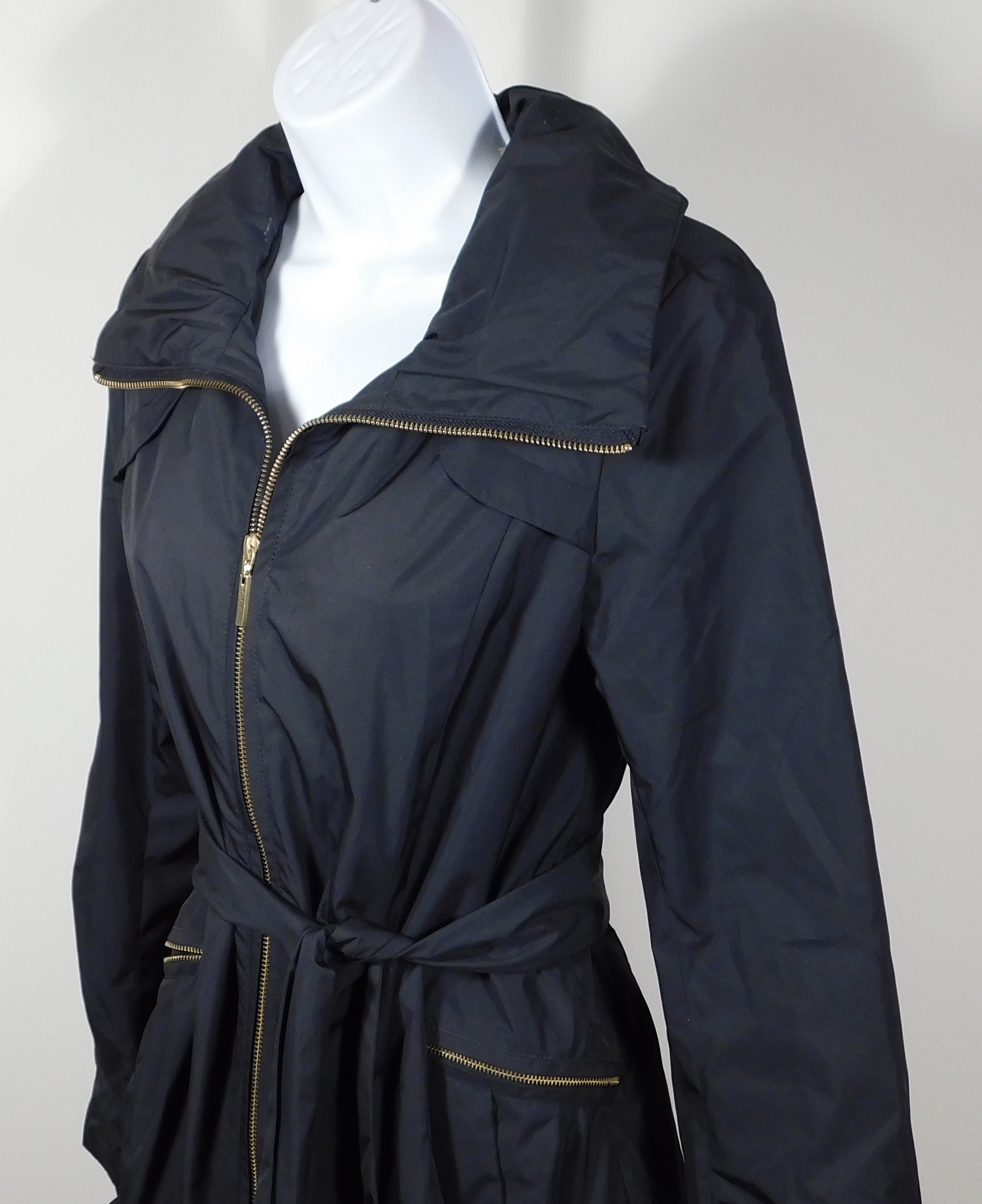 COLE HAAN Women's Black Light Weight Zip Front Self Belt Windbreaker Jacket Sz XS - Image 3
