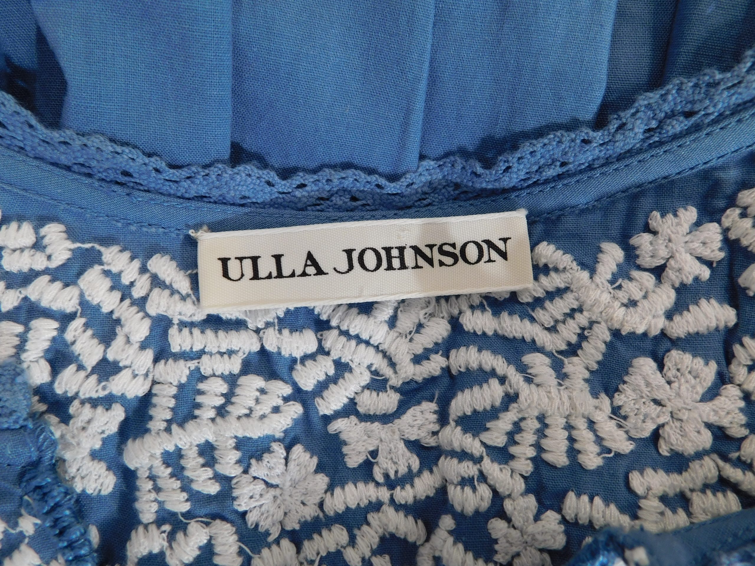 ULLA JOHNSON Women's Blue W White Embroidery V-Neck Cotton Short Sleeve Dress Sz 4 - Image 6