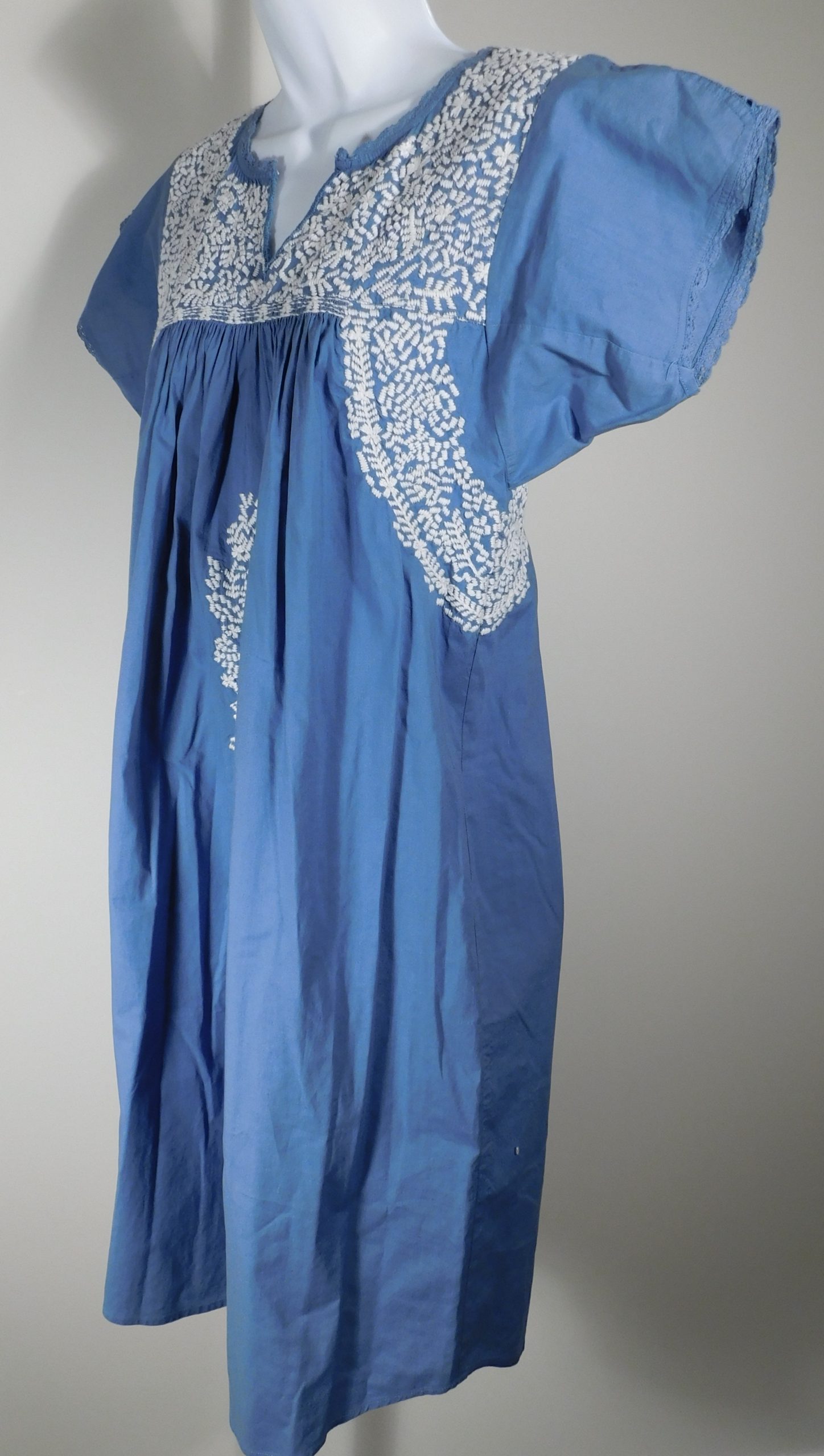 ULLA JOHNSON Women's Blue W White Embroidery V-Neck Cotton Short Sleeve Dress Sz 4