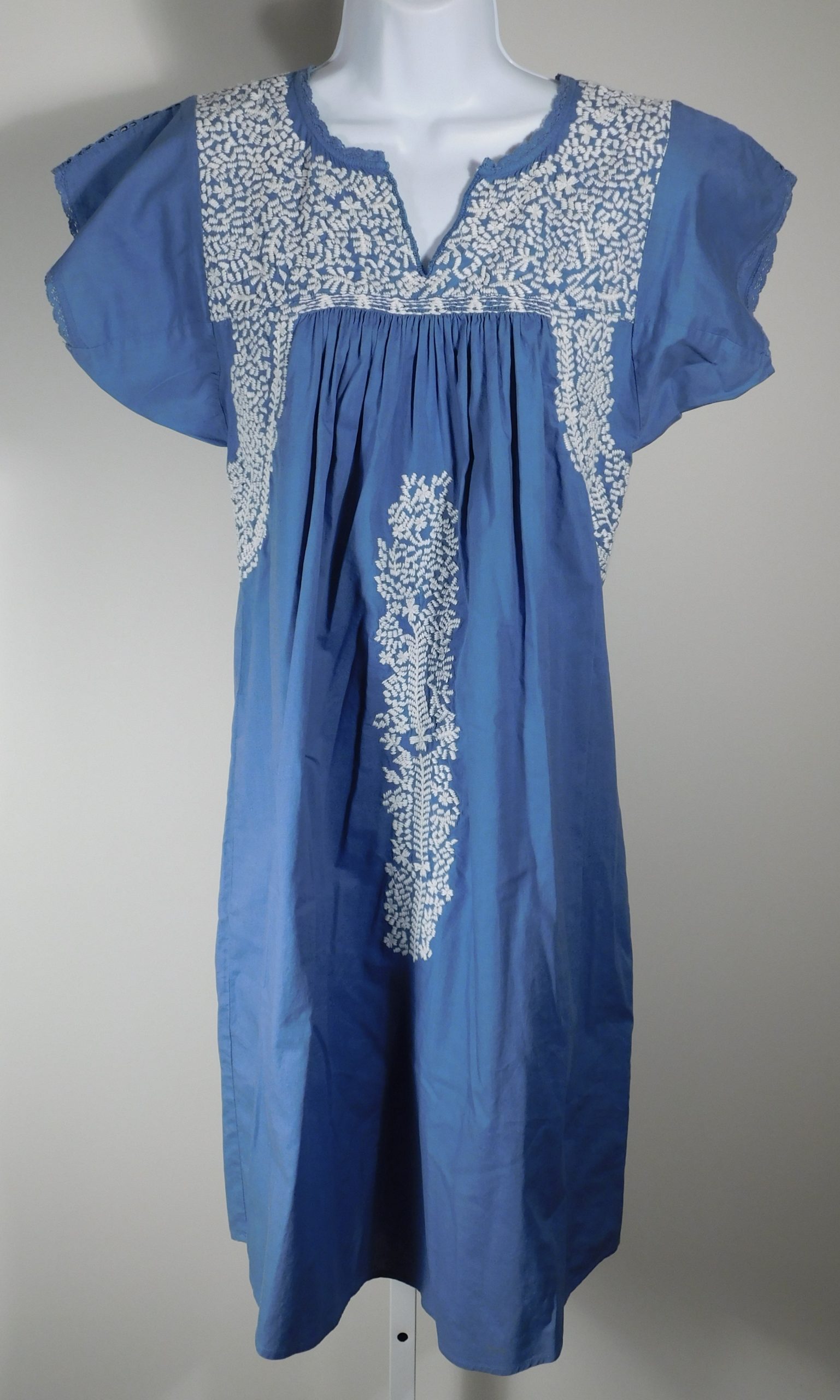 ULLA JOHNSON Women's Blue W White Embroidery V-Neck Cotton Short Sleeve Dress Sz 4 - Image 4