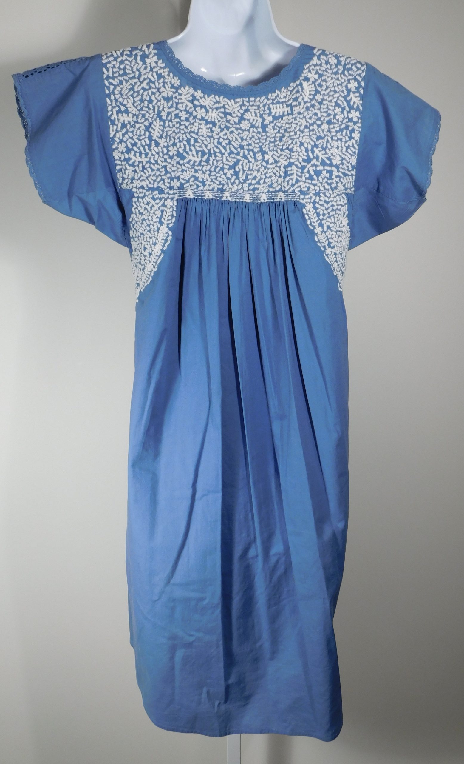 ULLA JOHNSON Women's Blue W White Embroidery V-Neck Cotton Short Sleeve Dress Sz 4 - Image 5