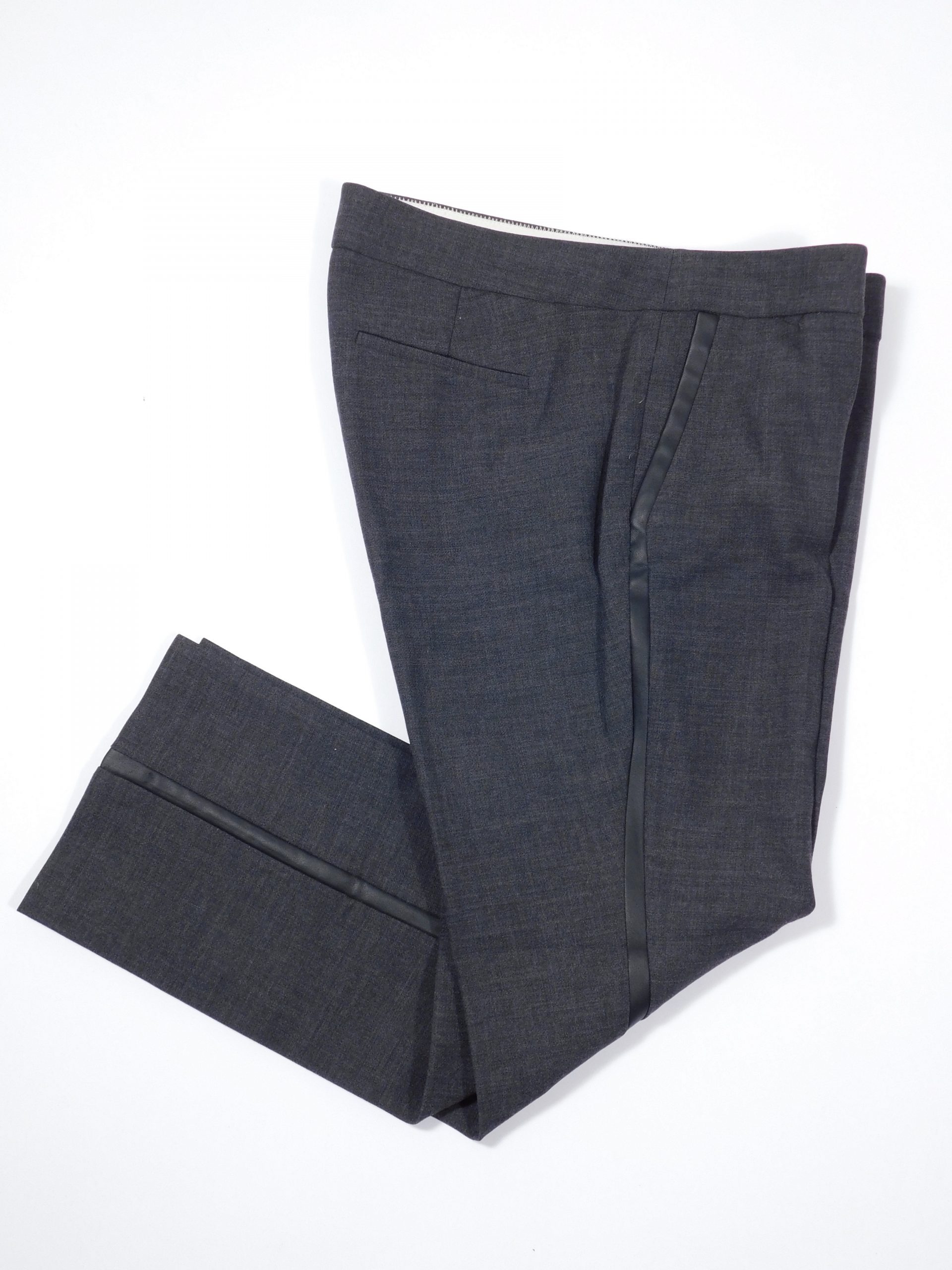 J CREW Women's Charcoal Gray Wool Stretch Flat Front Campbell Faux Leather Trim Tuxedo Pant Sz 10