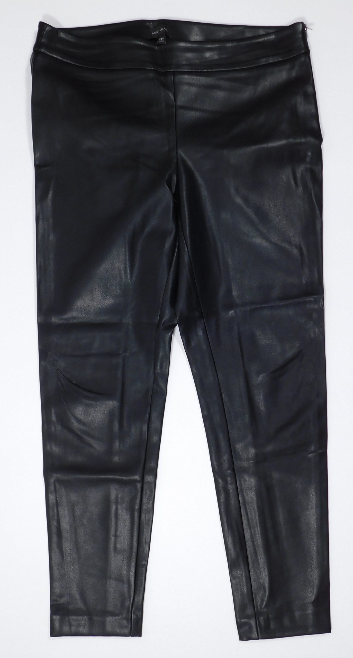 ANN TAYLOR Women's Black Faux Leather Flat Front Side Zip Pant Sz 8 - Image 3