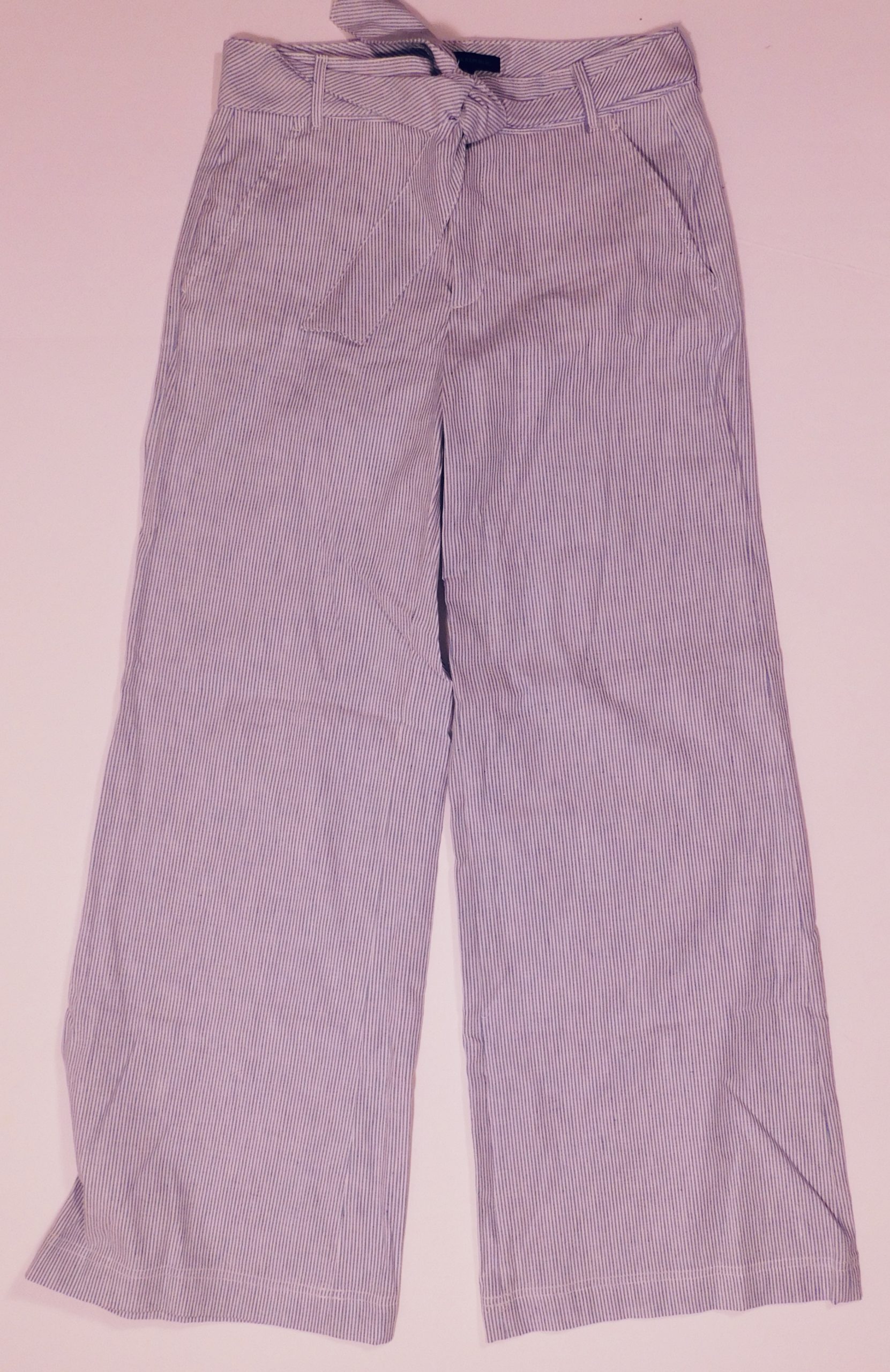 BANANA REPUBLIC Women's Blue & White Striped Cotton Linen Wide Leg Self Belt Pant Sz 6 - Image 2